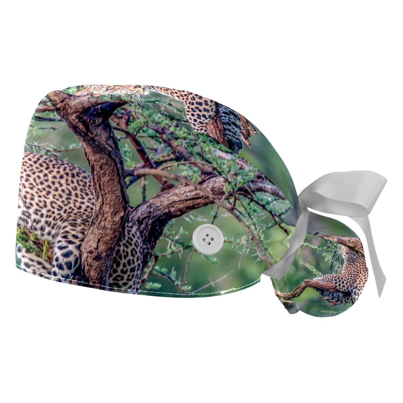 Unisex 2 Packs Bouffant Scrub Hats with Buttons Sweatband Surgical Bouffant Caps for Women Men, Animal Leopard