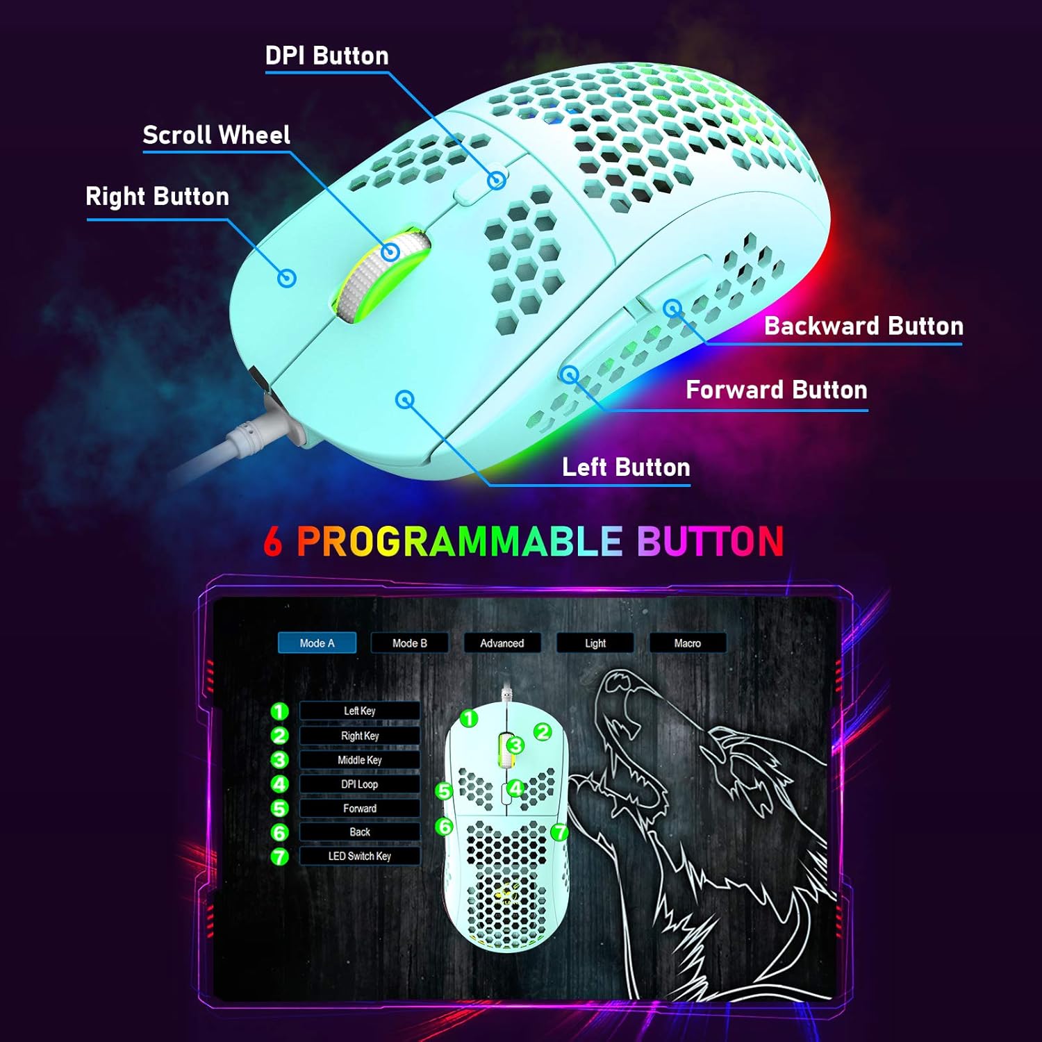 Felicon Green Gaming Mouse with Ergonomic Honeycomb Shell, 6 RGB Backlight, 6 Programmable Buttons, 6400 DPI Optical Sensor, Wired USB Connection