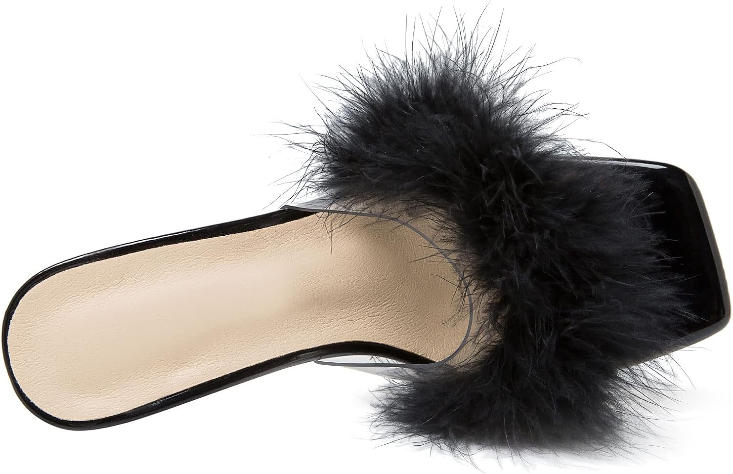 Heiyom Women's Square Toe Low Stilettos Heels Mules Sandals Fluffy Feather Slip on Clear Low Heels Wedding Bridal Party Dress Shoes - Image 7