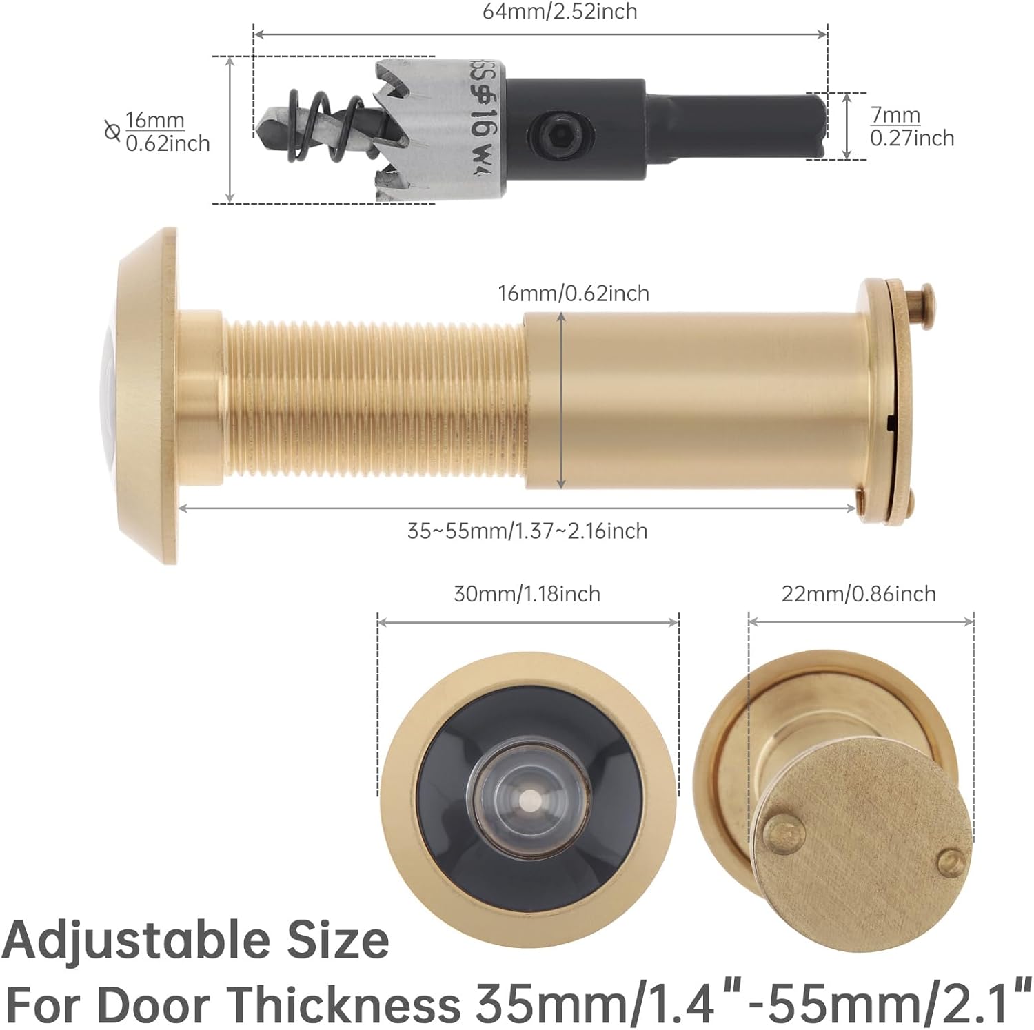 Door Viewer Peephole, Solid Brass 200 Degree Peephole with 16 MM Drill Bit, 5/8 Inch Pipe Diameter Viewer with Heavy Duty Privacy Cover for 1-3/8" to 2-1/6" Doors (Gold)