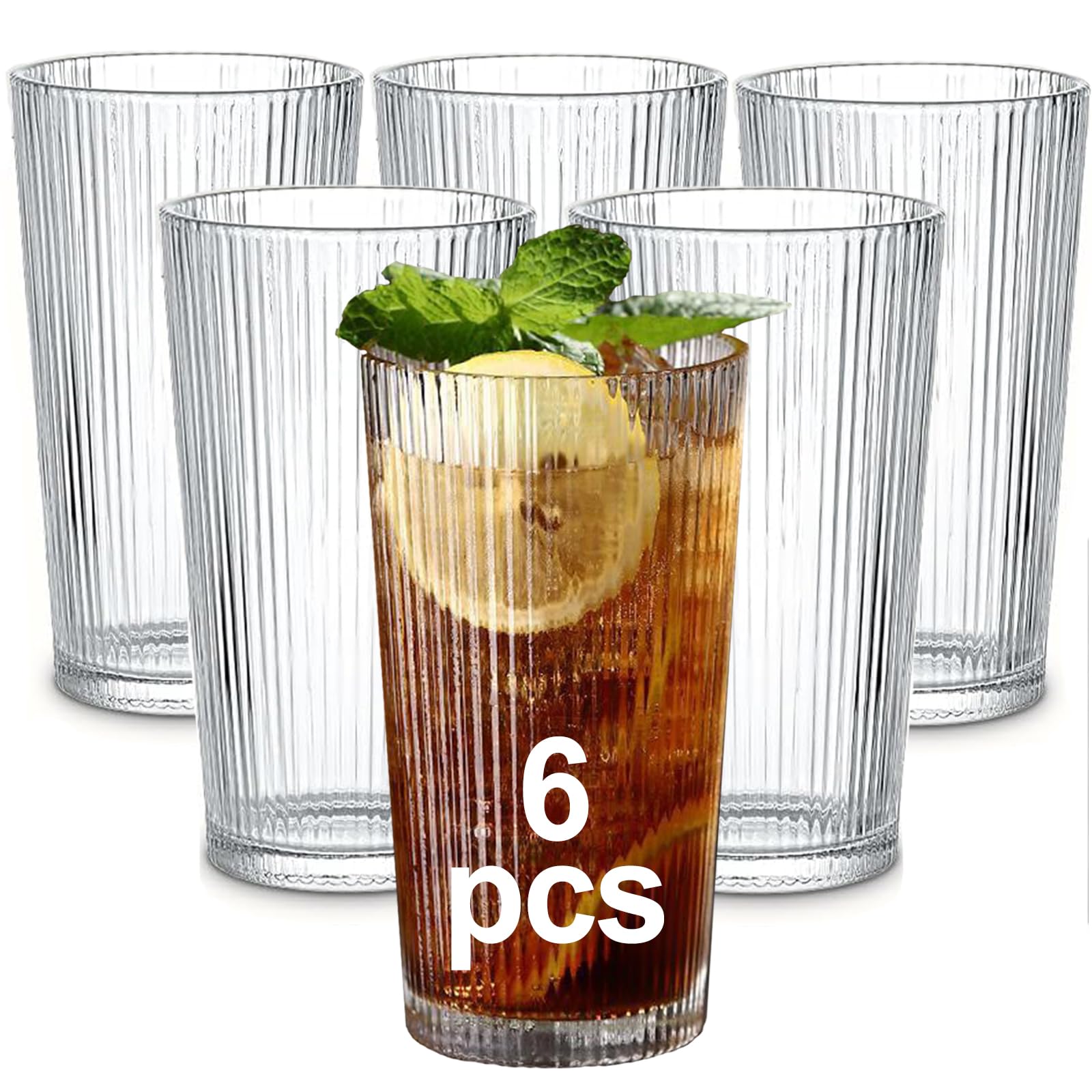 Drinking Glasses with Origami Style Set of 6 Glass Cups, 12.5 oz Ribbed Glassware, Highball Glass Cups,Iced Coffee Cup, Ripple Vintage Glassware, Juice Glasses, Ideal for Cocktail, Beer