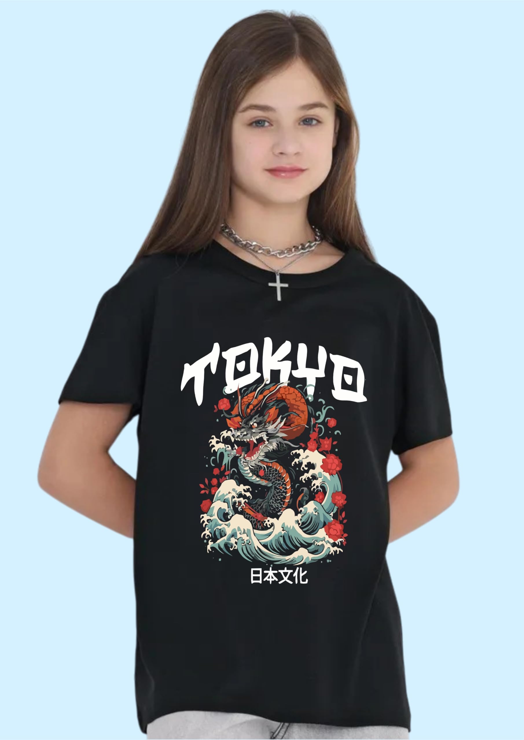 Uniplanet Store Camiseta negra de mezcla de algodón, media manga, ajuste regular, espalda Tokio, Japón, estampado negro