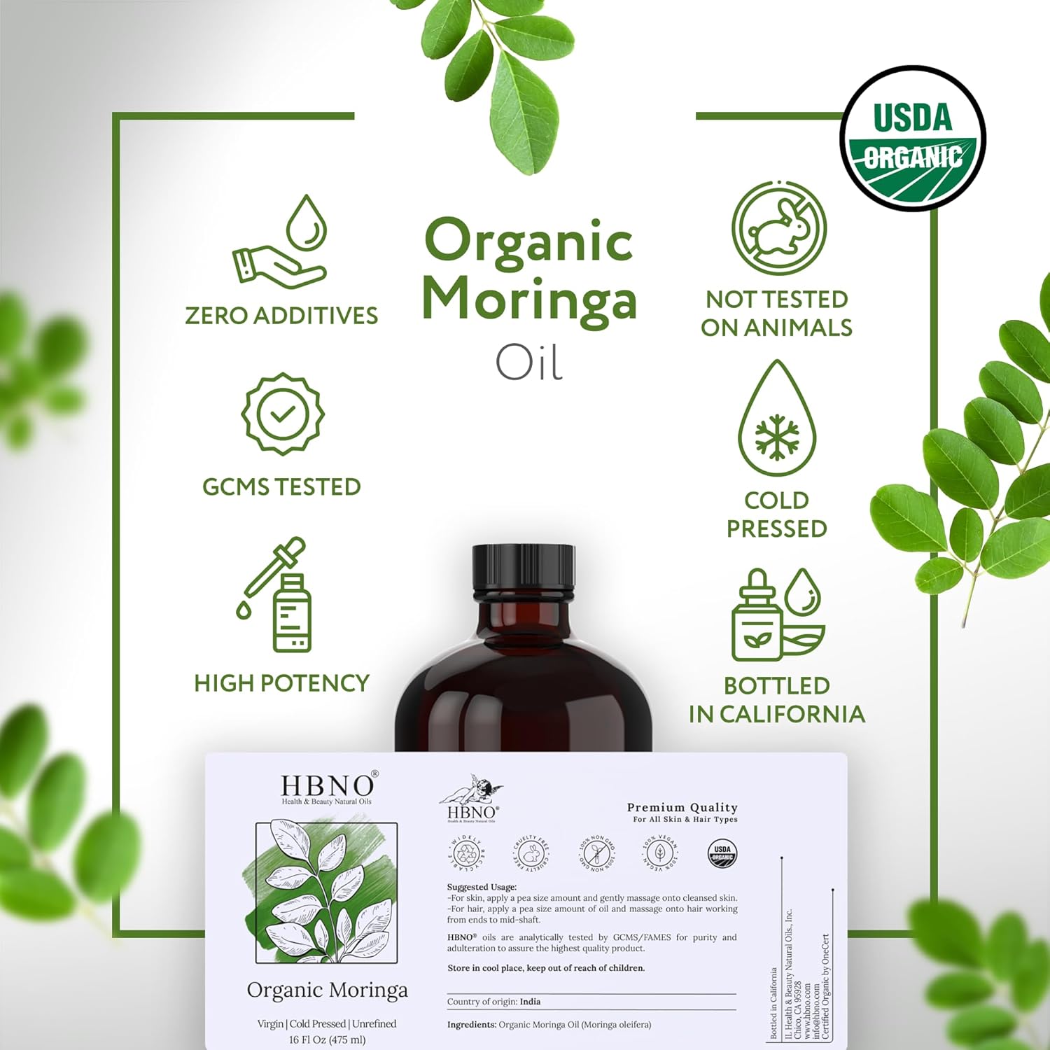 HBNO Organic Moringa Oil - 16 oz (475ml) Value Size - Ideal for Shampoos, Conditioners, Lip Balms, Face wash, Lotions, and Skin Care Products (Glass Bottle)