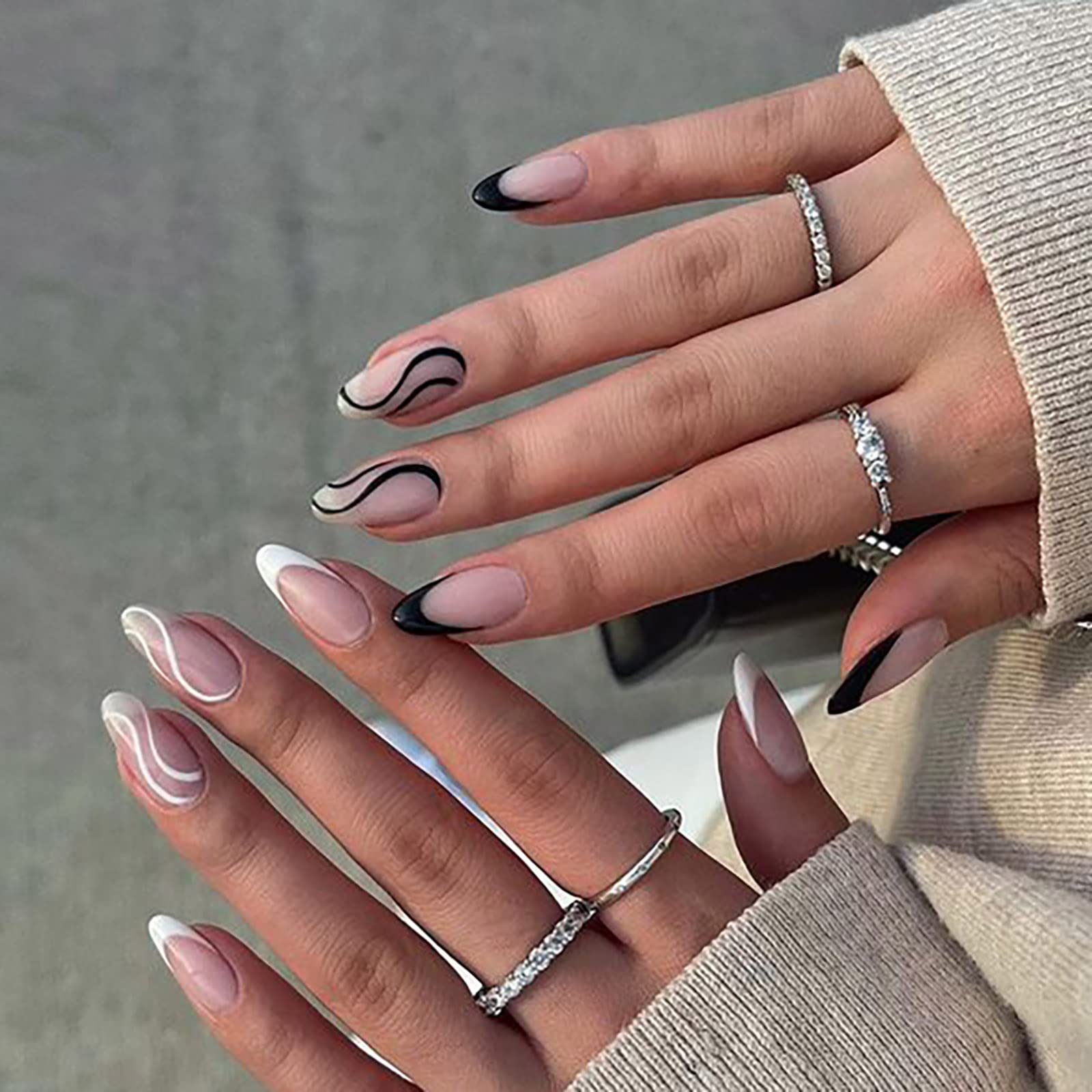Amazon.com: Hzacye 24 Pcs Press on Nails Medium, Stiletto Fake Nails with  Glue, Glossy Glue on Nails False Nails or Women and Girls (Black White  French) : Beauty & Personal Care