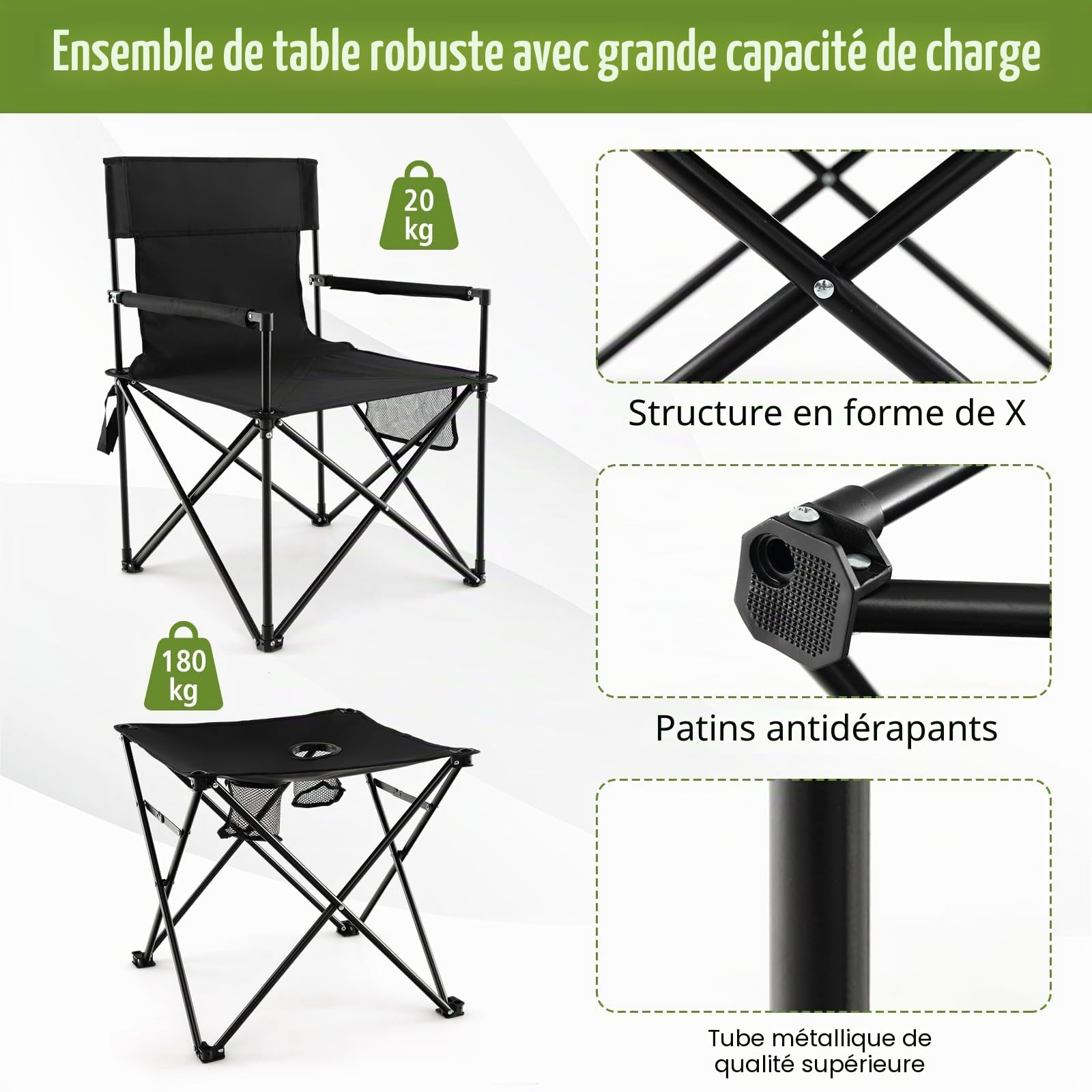 GIANTEX Chaise de camping pliante avec table, chaise de pêche, chaise de plage dans sac de transport, chaise de pêche pliable, table avec porte-gobelet, chaise de directeur, chaise de jardin pliable