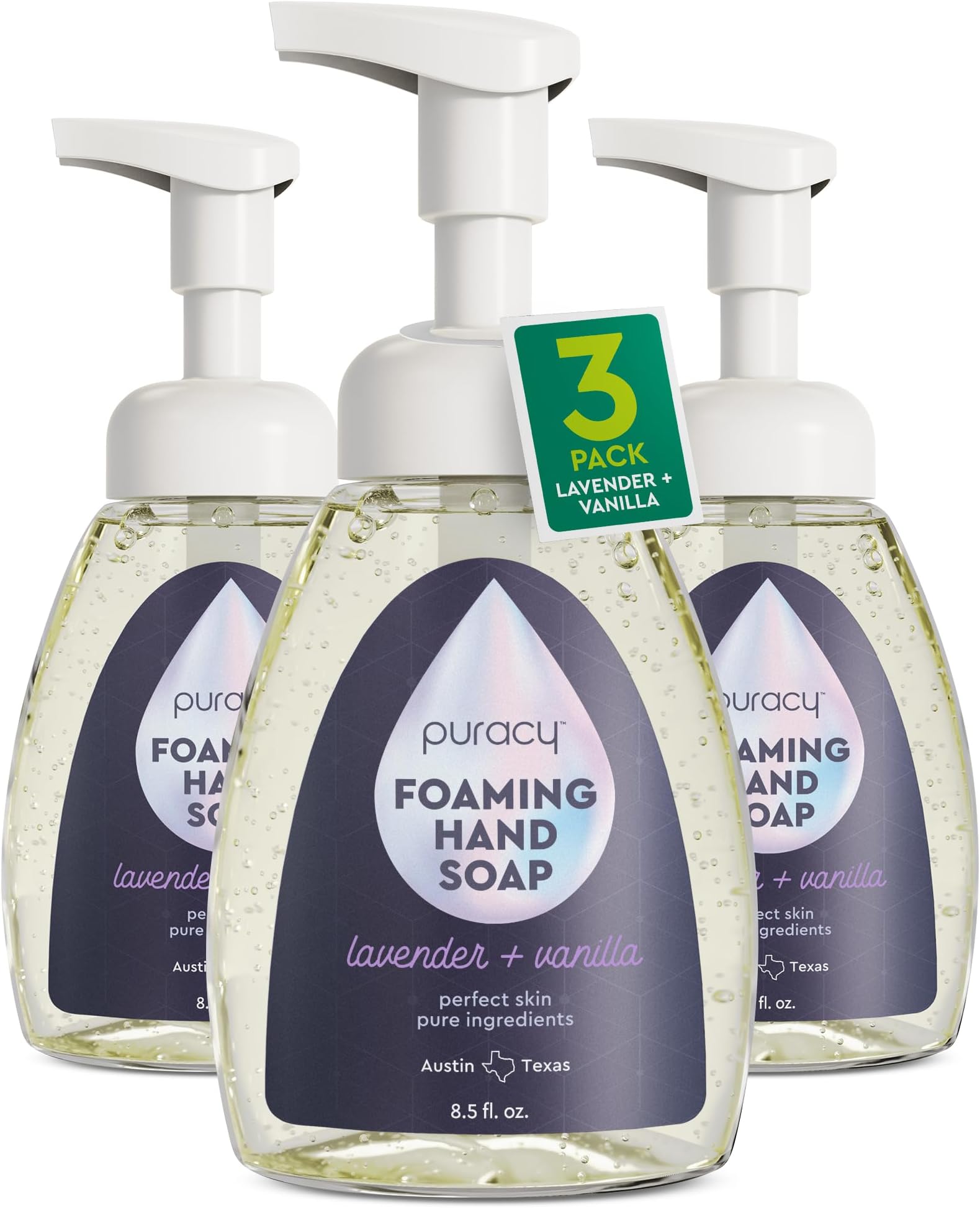 Puracy Foaming Hand Soap - Plant-Powered Natural Hand Soap As Seen on TikTok, Non-Toxic, Sulfate-Free Liquid Soap, Moisturizing Foam Handwash Liquid (Lavender & Vanilla, 12 fl oz, 3-Pack)