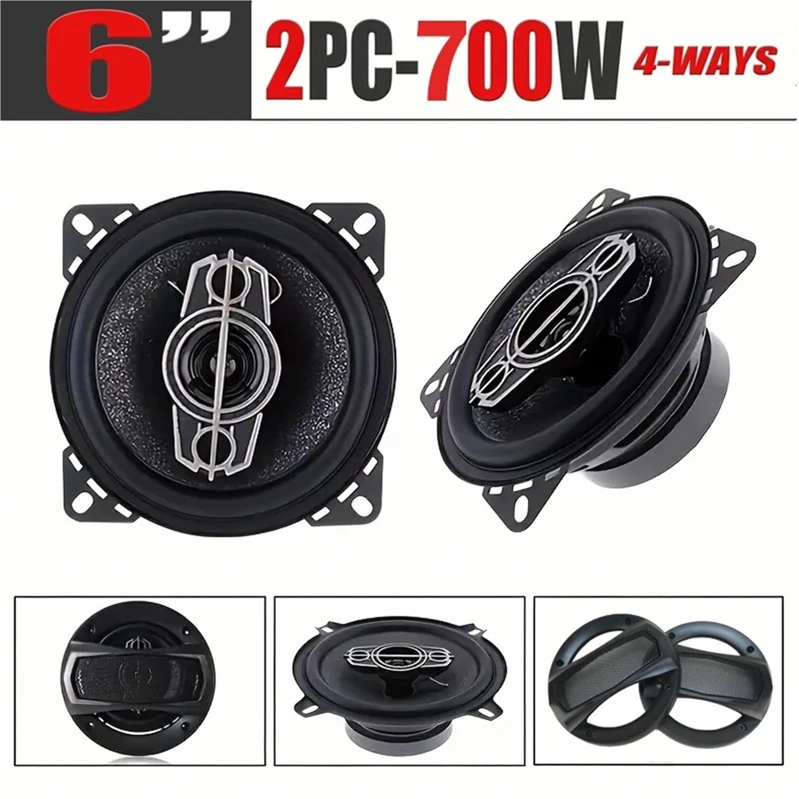 2 szt. 6 cali (2X350 W) 700 W 4-drożny głośnik współosiowy HiFi do samochodu z osłoną przeciwpyłową i kablem audio, pełna częstotliwość drzwi samochodu