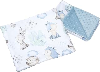 Medi Partners Babydecke Krabbeldecke mit Kissen 100% Baumwolle Minky Kinderdecke 55x75 + 35x30cm multifunktional für Kinderwagen Babyschale Wiege (Hirsch und Igel mit hellblauem Minky)