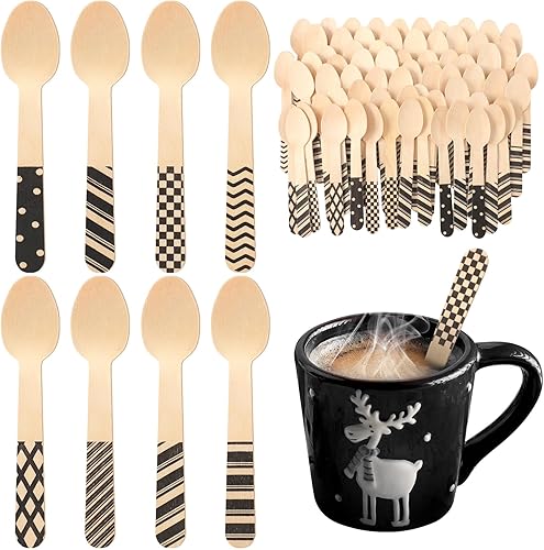 Miniatura 8 de Uiifan 120 cucharas de madera desechables de Navidad de 5.5 pulgadas, cucharas a rayas con rayas rojas, patrones de bastón de caramelo para degustar