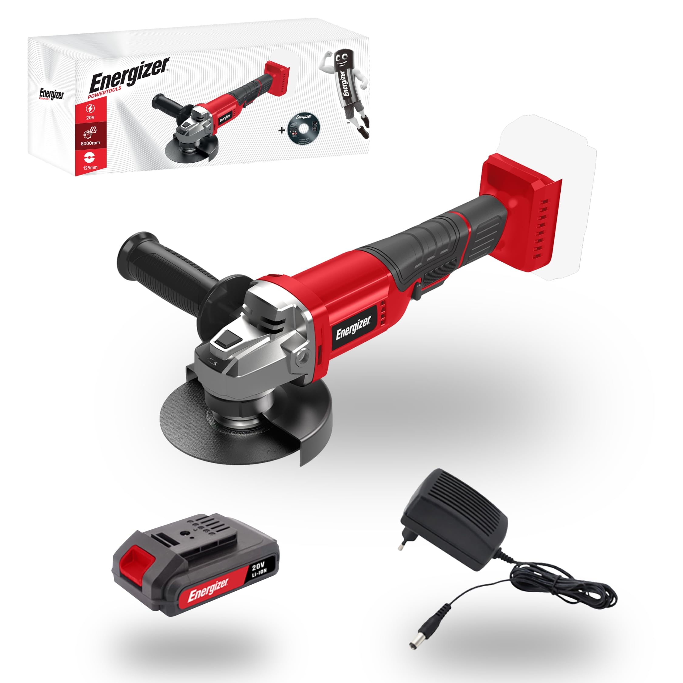 Energizer Smerigliatrice angolare senza fili 20 V – 8000 RPM, disco 125 mm, alloggiamento di protezione, interruttore di sicurezza, batteria 20 V e caricatore inclusi