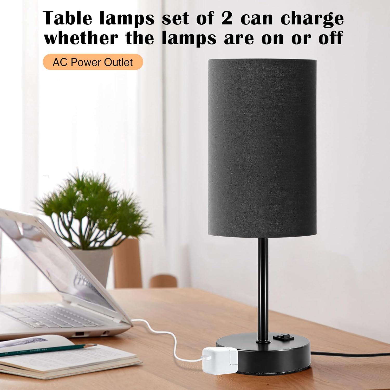 ZJOJO Table Lamp for Bedroom Set of 2, Bedside Small Lamps with 3 Way Dimmable Rocker Switch and AC Outlet, Nightstand Desk Lamp with Black Fabric Shade Black Base for Living Room Home Decor Lights