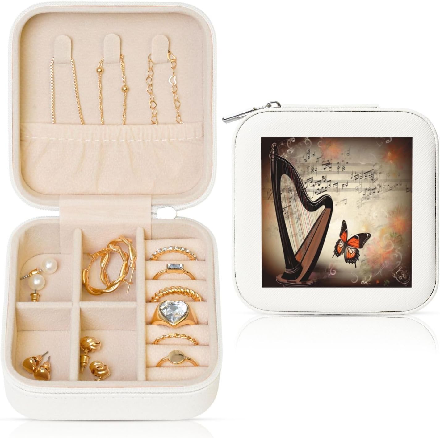 Jewelry Box for Women Leather Travel Jewelry Case Music Background Butterfly Portable Jewelry Organizer Box Mini Jewelry Travel Case with Zipper for Earrings Bracelets Rings Necklace