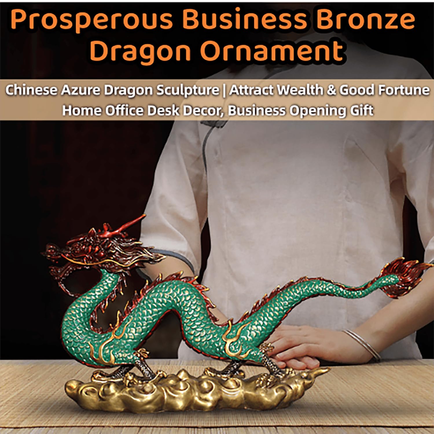 Pure Copper Chinese Dragon Statue,Hand Painted Dragon Feng Shui Sculpture,S