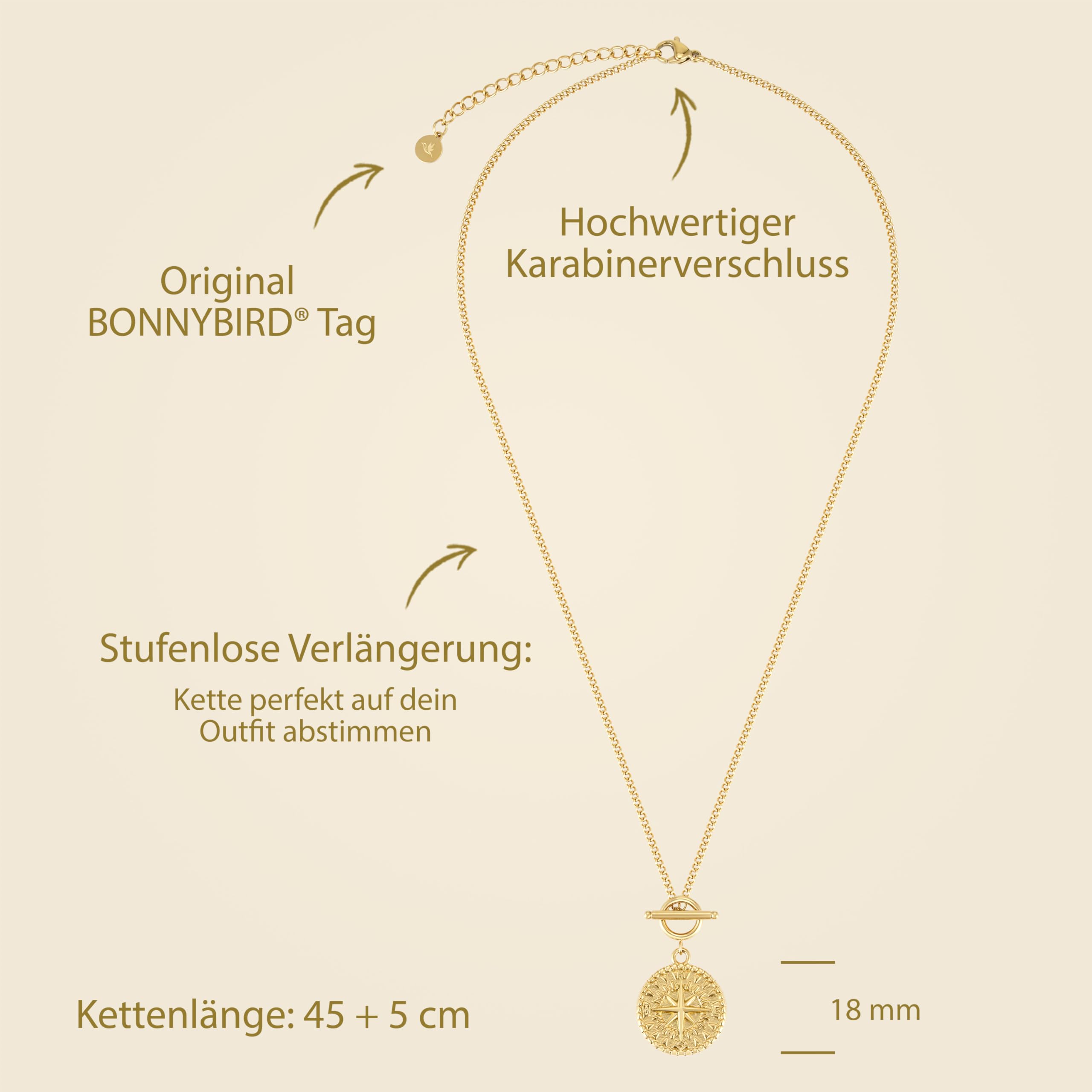 BONNYBIRD® Wasserfeste Edelstahl Kompass Kette Damen in Silber, Gold & Roségold, Premium Halskette Damen mit Kompass Anhänger, 100% Wasserfest & Hautverträglich BonnyCompass