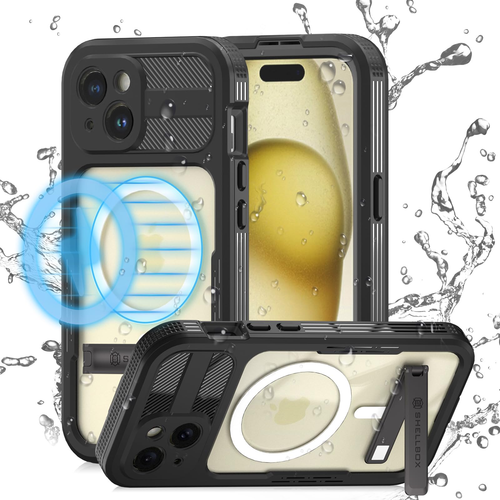 Transy Designed for iPhone 15 Case Waterproof with Stand, Shockproof Phone Case with Built in Screen Protector for iPhone 15 (Black, iPhone 15)