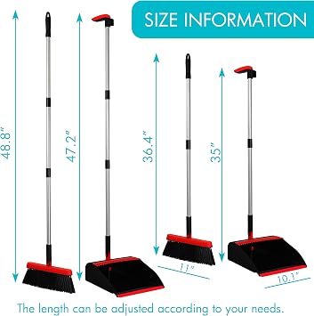 2-Pack Broom and Dustpan Combo Set, with 48 Adjustable Long Stainless Handles, Stand Up Dustpan with Self-Cleaning Teeth, Ideal for Home, Office, Kitchen, Indoor & Outdoor Use, Black