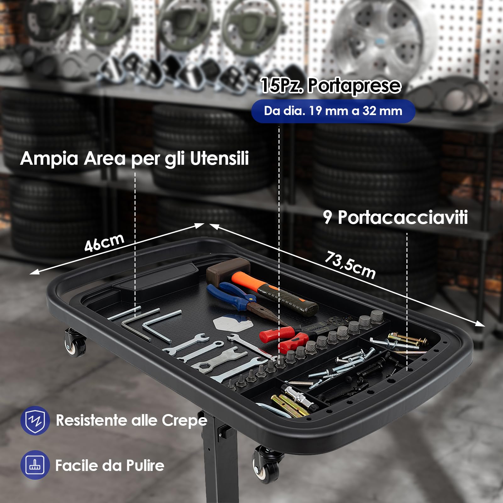 GYMAX Vassoio Portautensili Rotante, Tavolo da Lavoro 2 in 1 e Carrello Portautensili con Ruote, Vassoi Magnetici per Parti, Carrello Portautensili con Altezza Regolabile, Stazione di Lavoro