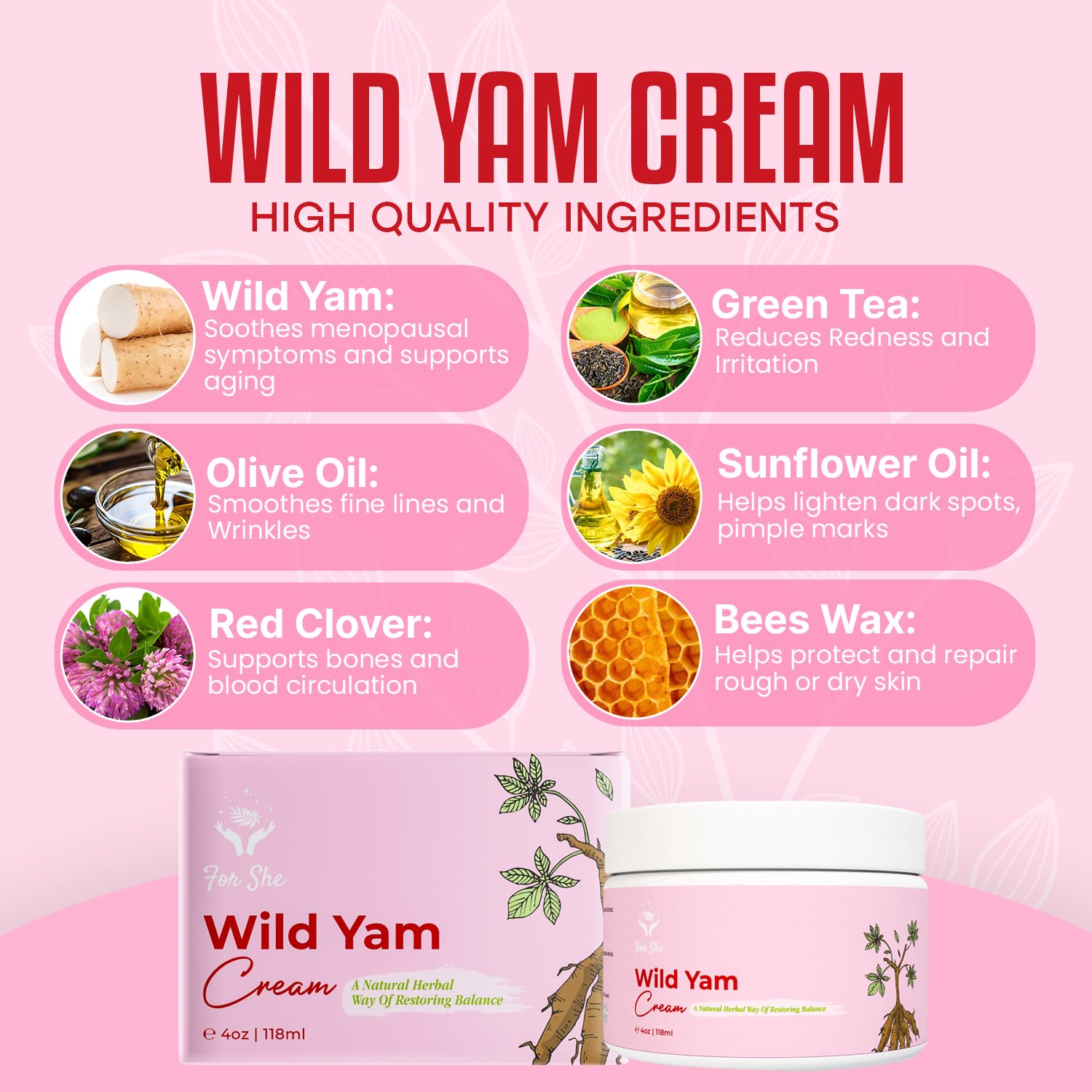 Wild Yam Cream, Natural Relief for Menopause Symptoms and Hormone Balance, Vegan, Enriched with Red Clover Extract - Image 4