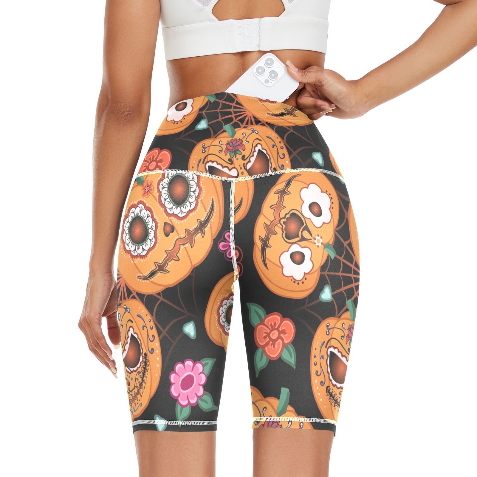 Linomo Women's High Waist Yoga Shorts, Halloween Pumpkin Flower Spiderweb Workout Running Shorts Gym Cycling Shorts Yoga Leggings for Women Girls Multicoloured