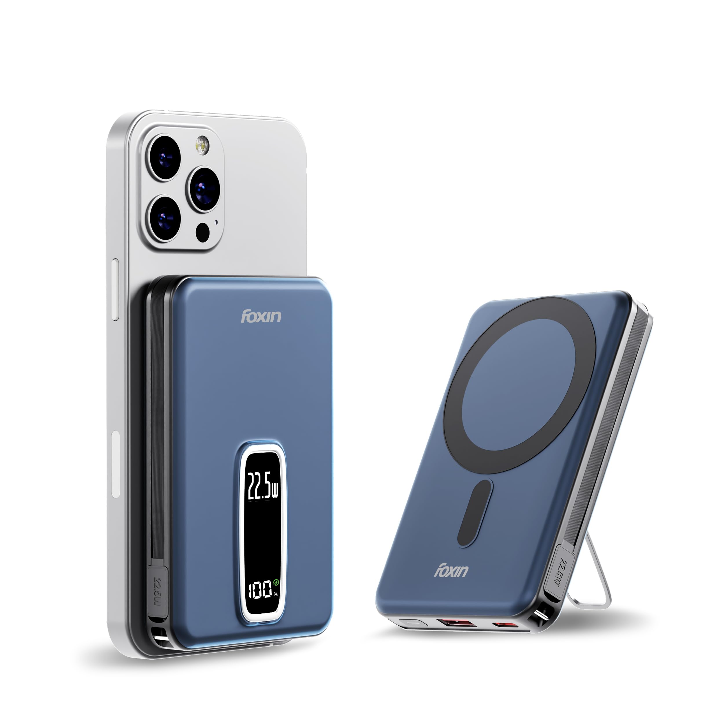 Foxin Mag One Wireless 10000mAh Fast Charging Power Bank with Metal Stand | USB Type C Input & Output, 22.5W Portable Charger for iPhone 12 & Above, Android & Qi Enabled Devices | Stellar Blue-image-26