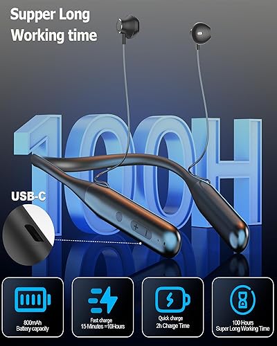 Miniatura 2 de ZXQ Auriculares inalámbricos Bluetooth con banda para el cuello, 100 horas de tiempo de reproducción, alrededor del cuello, auriculares Bluetooth
