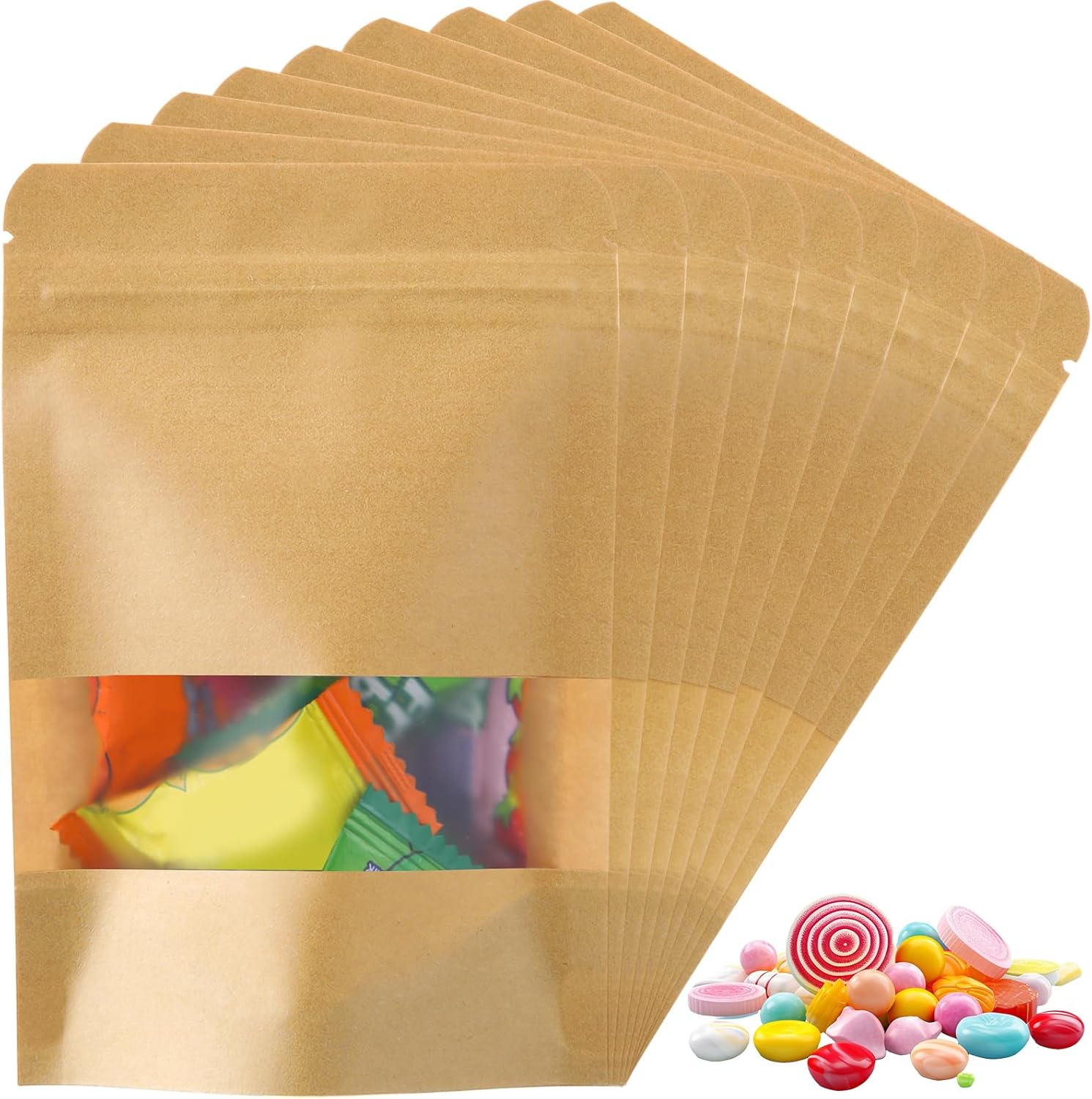 Geosar 300 Pcs Stand up Kraft Pouches with Window 6 x 9 Inch Kraft Paper Sealable Pouches with Notch Heat Sealable Resealable Bags for Small Business, Zipper Food Storage for Packaging, Snacks