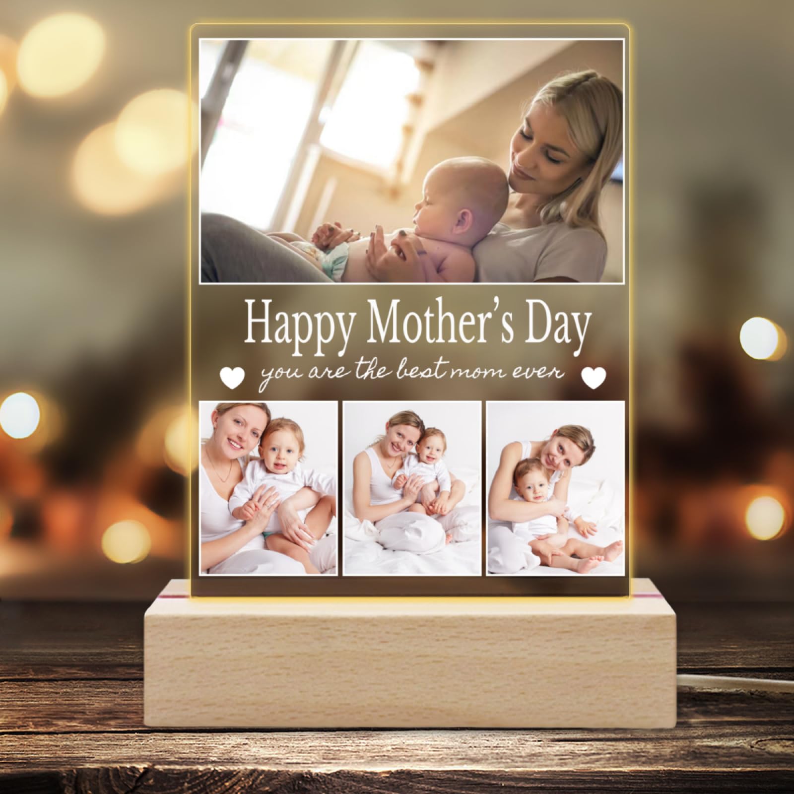 Custom Photo Frames Led Night Light with Acrylic Plaque, Personalized Light Up Picture Frame with Photo Collage Text Mothers Day Gifts Memorial Gifts For Him Her (4Photo)