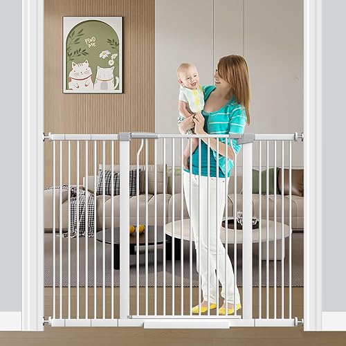 Fairy Baby 40.5" Extra Tall Baby Gate for Stairs, 40.6"-54.7" Extra Wide Dog Pet Gate Indoor Outdoor, Pressure Mounted Walk Thru Swing Metal Safety Child Gate, Cat Puppy Gate for House Doorways, White