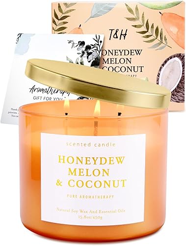 Miniatura 7 de Honeydew - Vela perfumada de melón y coco  Velas de soja grandes de 3 mechas para el hogar de 15.8 onzas  Vela de verano fresca y tropical frutal,