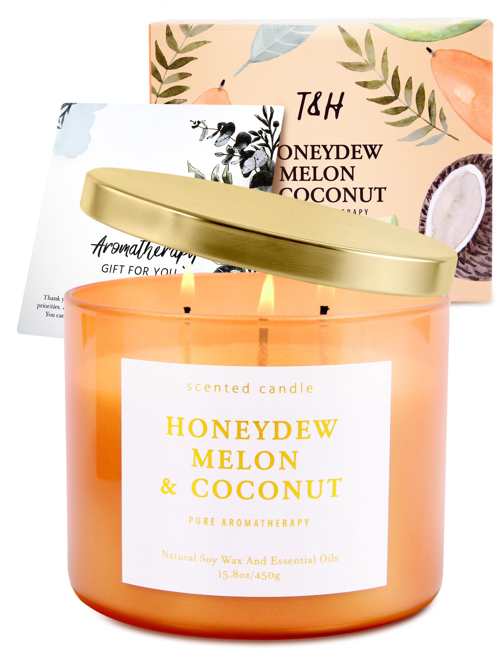 Honeydew - Vela de soja con aroma a melón y coco – Vela de soja grande con aroma de verano de 3 mechas – Velas relajantes de frutas tropicales para el hogar de 15.8 onzas, velas de aromaterapia para 6