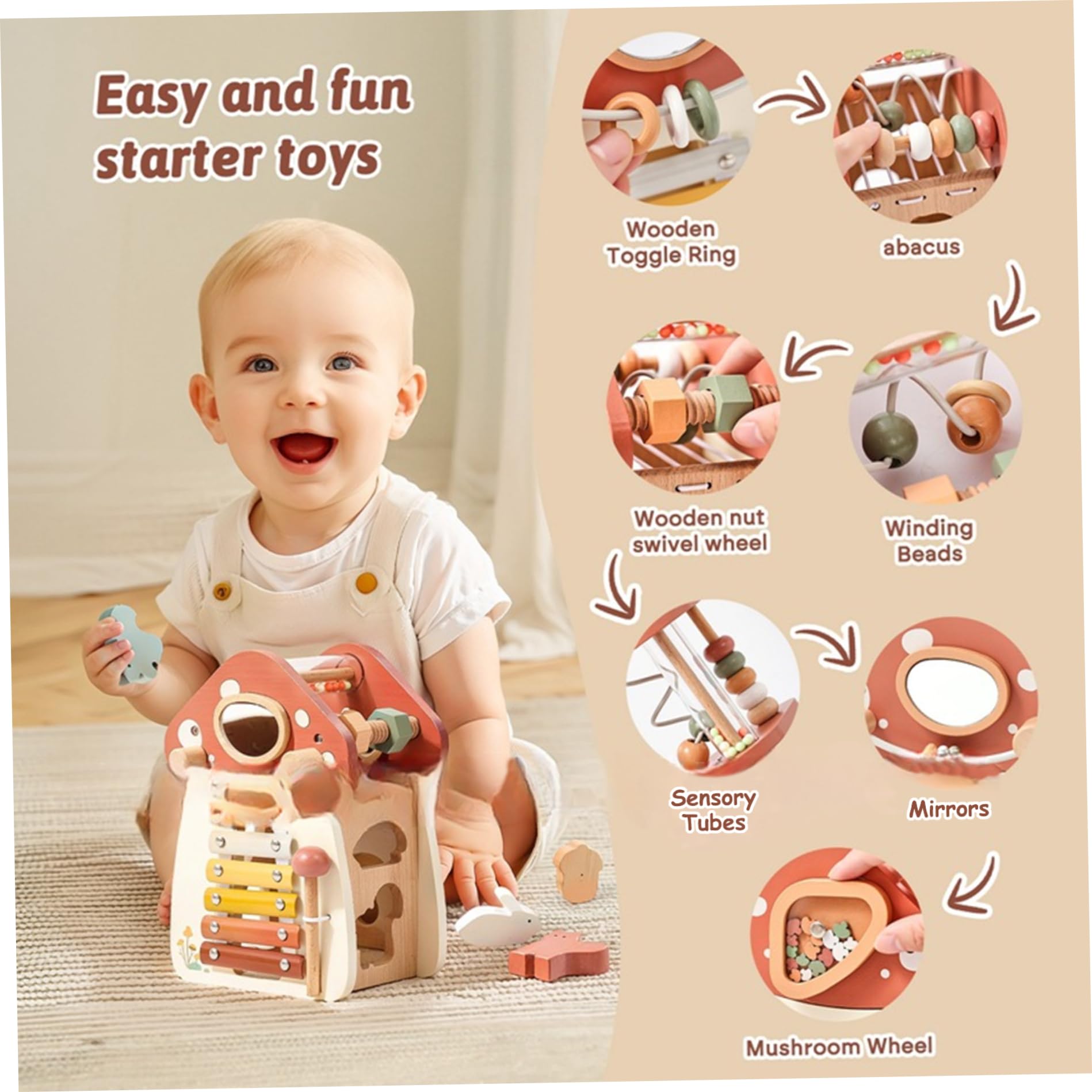 Cubo di attività per Bambini a Forma di Fungo 5 in 1 Cubo di attività in Legno per Bambini Giocattoli educativi per l'apprendimento Forma Sorter di per Ragazzi e Ragazze Complea