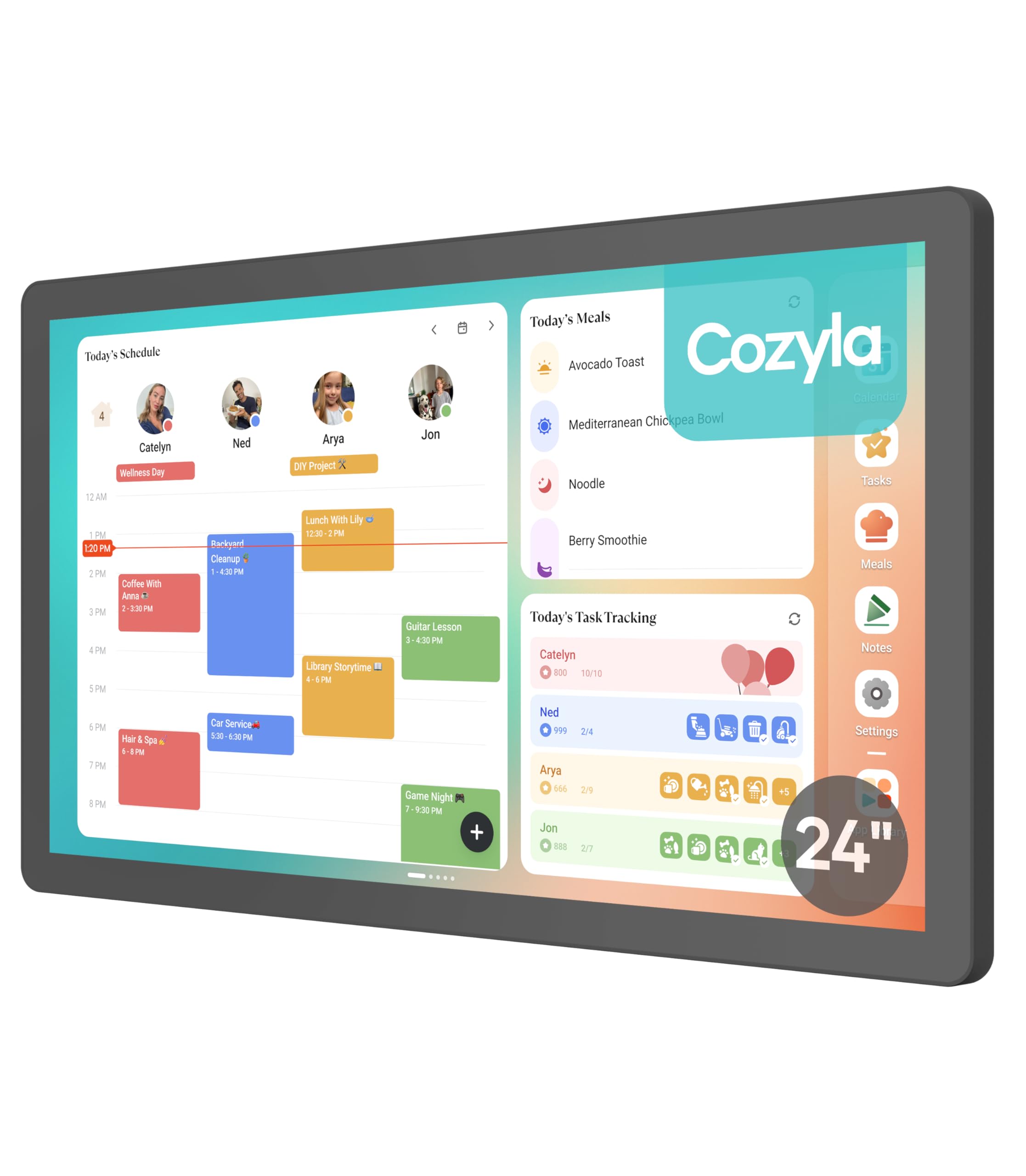 Cozyla Digital Calendar+ 2: 24 inch Wall Planner Touch Screen Chore Chart Customize Dashboard Smart Electronic Calendar for Family Schedules Meal Planner Support Any Google Play App Wall Mount Black