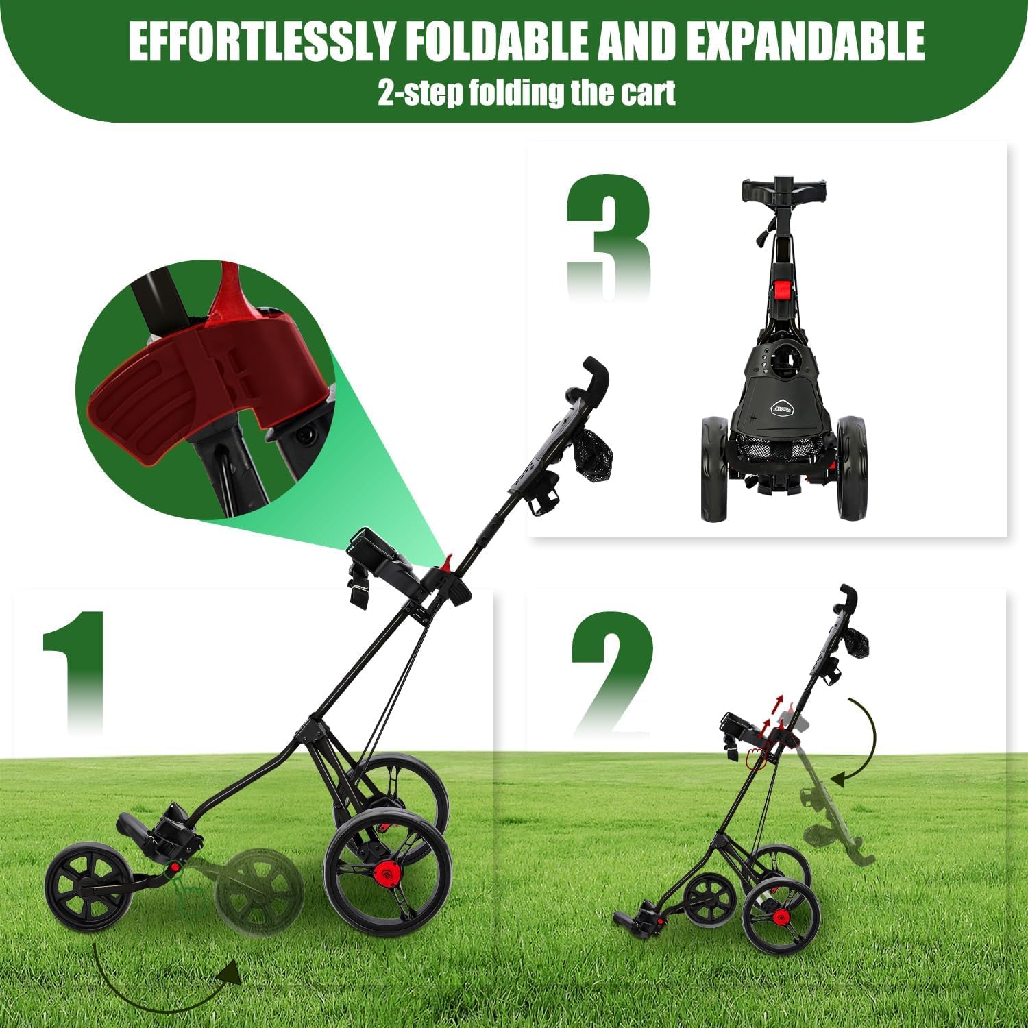 XDriveMax GC27 - Carrello da golf a 3 ruote, pieghevole, leggero, per mazze da golf e sacca da golf, con portabicchieri, porta segnapunti, scomparto portaoggetti (nero)