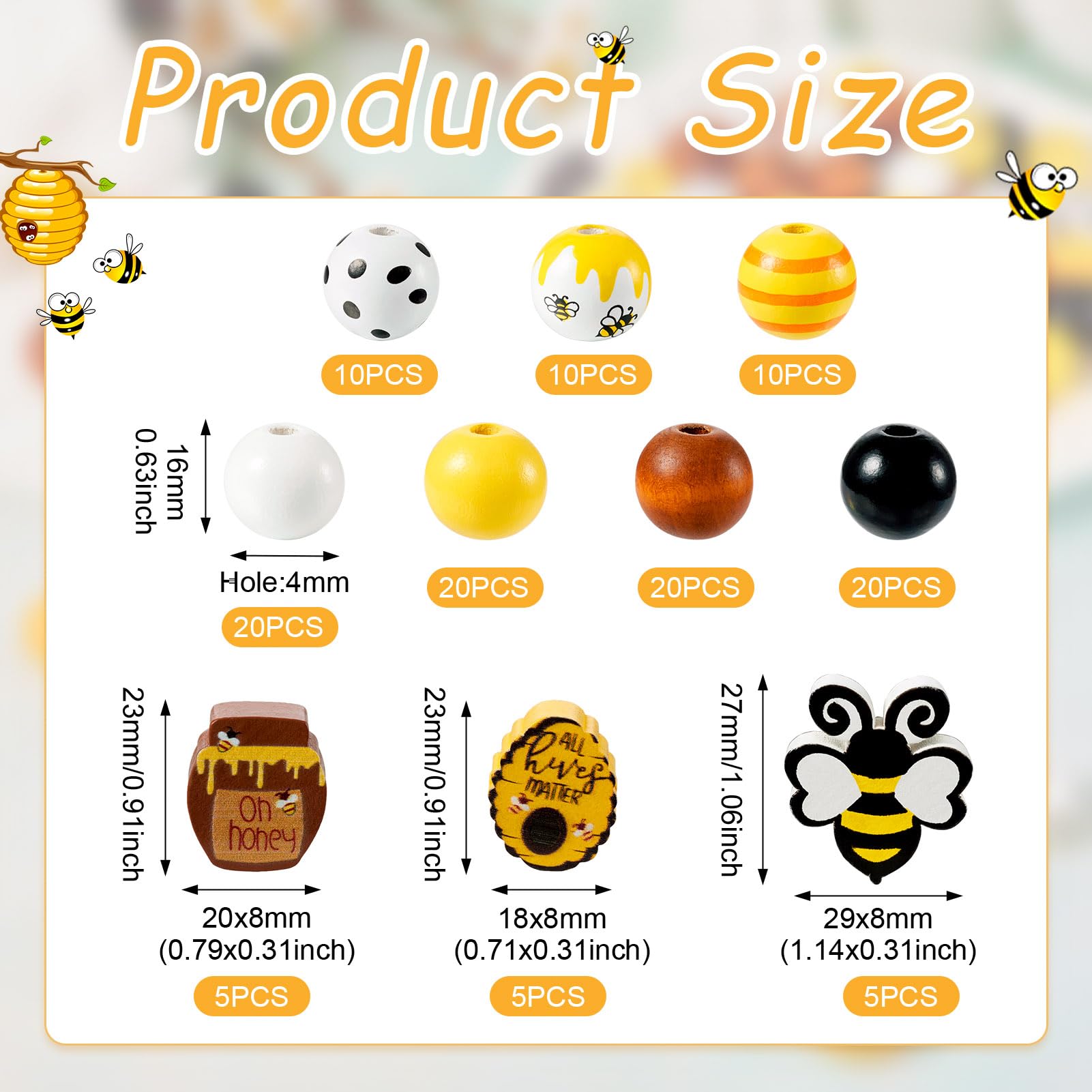 Crafans 125 Pcs Bee Theme Wooden Beads - Round, Honey Jar, Spacer Beads for Bracelet Jewelry Making, Printed Bee Theme - Image 4
