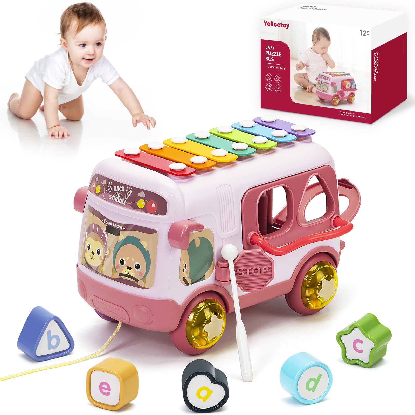 Toys for 1 Year Old Girls, Toy for Baby Girl 12 18 Months Musical Bus Sensory with Xylophone, Shape Sorter Educational Toy Gifts for Babies 12 Months Pink