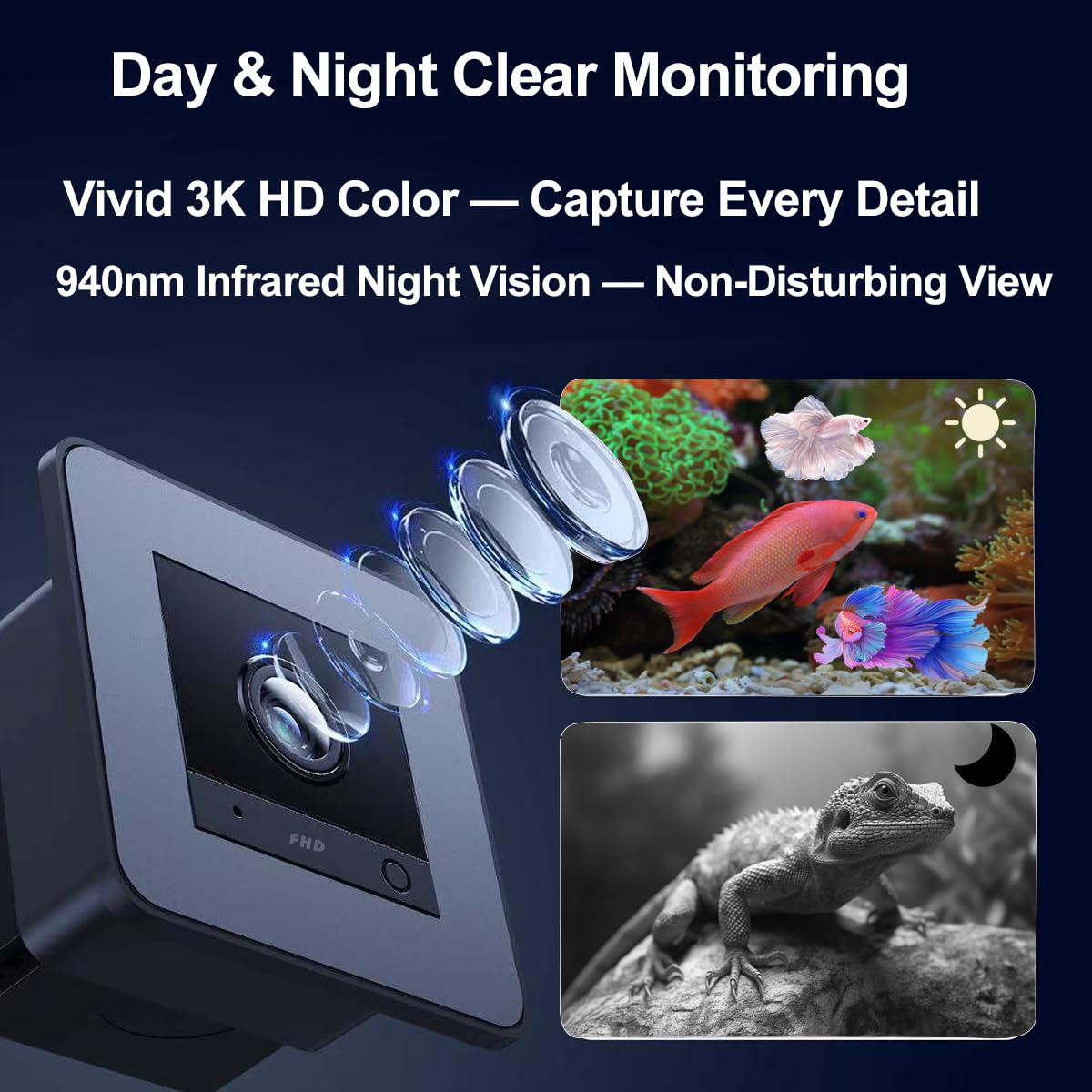 Videocamera per acquario HD 2K per pesci: serbatoi e rettili, lenti antiriflesso, visione notturna, audio bidirezionale, rilevamento del movimento AI, accessori per acquari con scheda SD da 32 GB