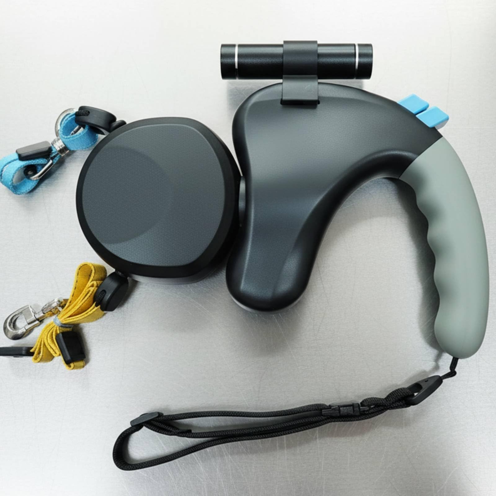 Guinzaglio Doppio Retrattile Anti-Groviglio Guinzaglio Allungabile con Torcia per Proprietari di più Cani, Passeggiate Notturne, Grigio