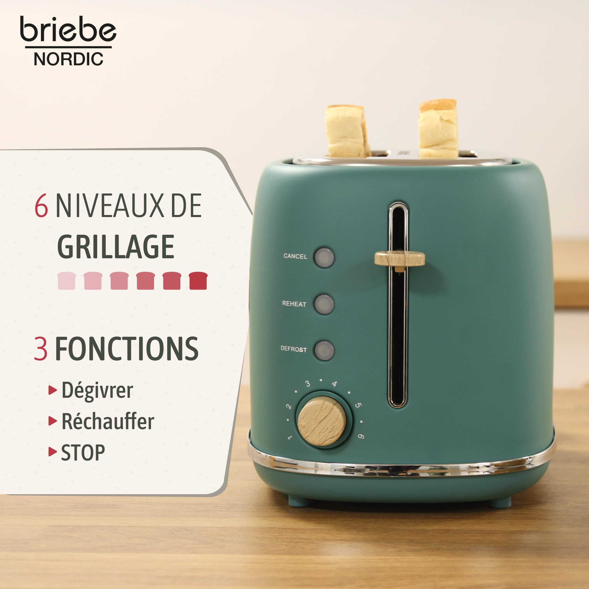 briebe Nordic Ensemble Grille Pain 2 Fentes Tranches Larges, 6 Niveaux de Dorage + Bouilloire Induction Sifflante 2,3L, Acier Inoxydable, sans BPA, Pack Petit Déjeuner, Design Nordique, Vert