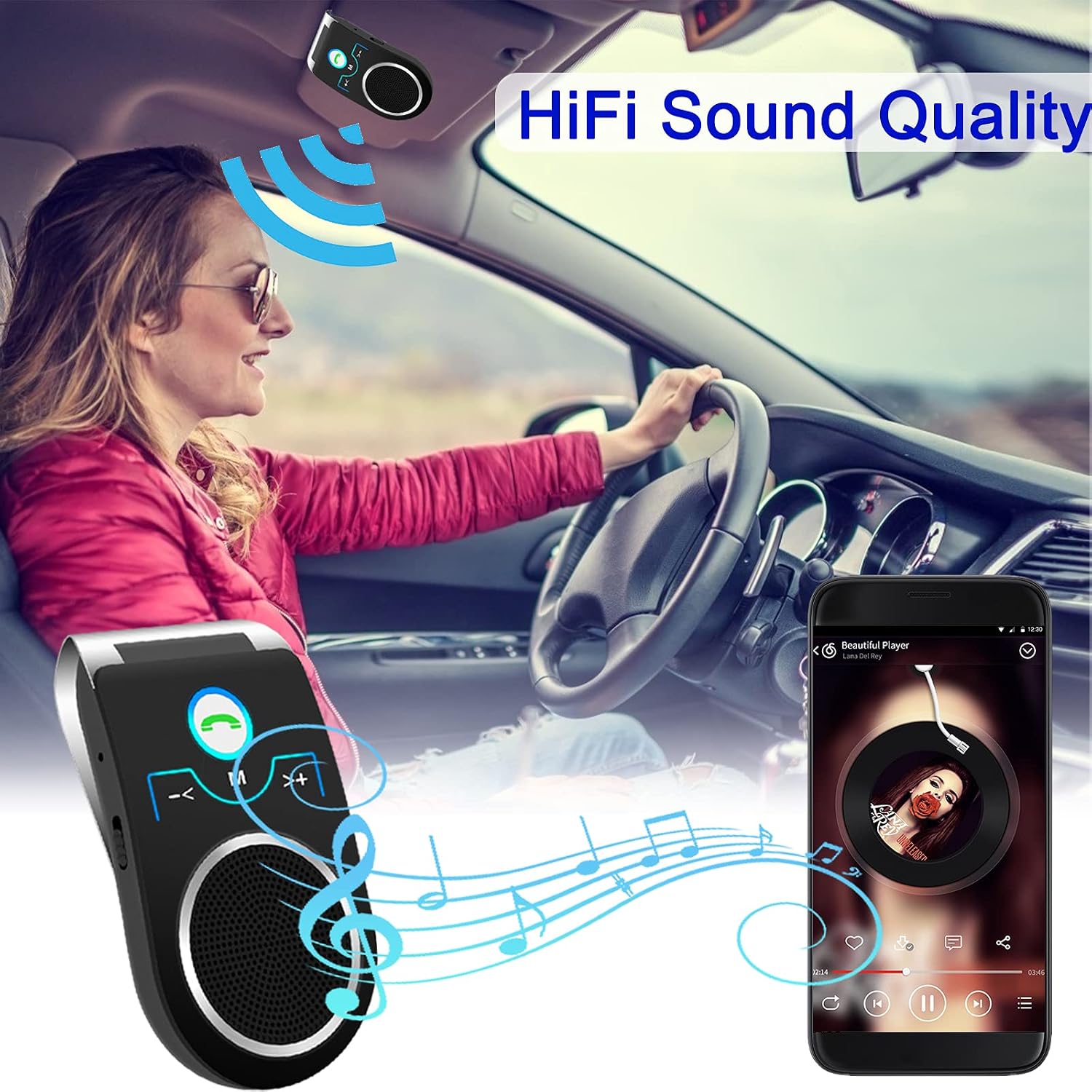 Driver listening to music streamed through the Aigital T825 Bluetooth Car Speaker.