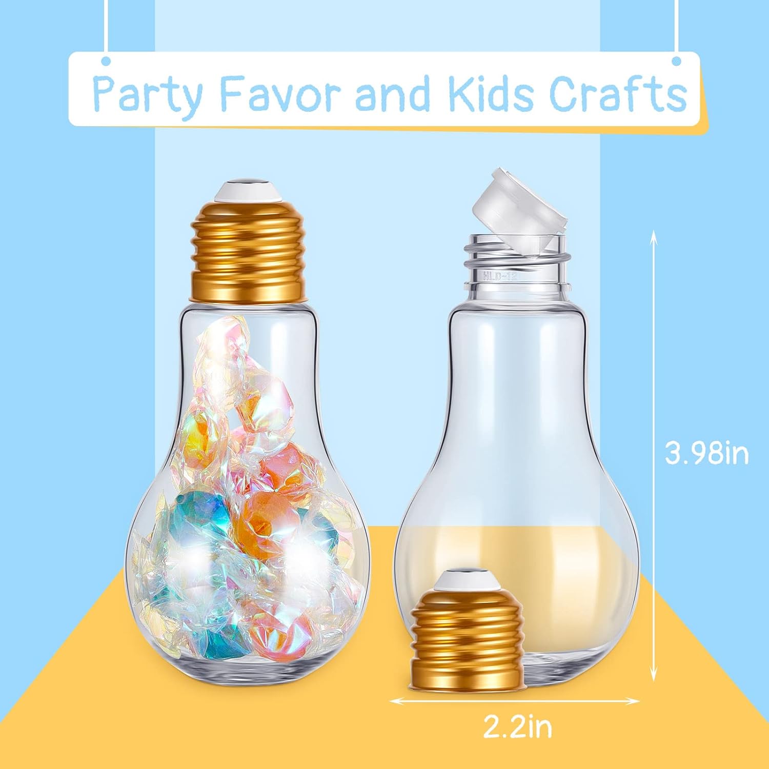 Juexica 108 Pieces Plastic Fillable Light Bulb Ornaments Clear Empty Lightbulb Containers Small Candy Bottles Drink Cups Decorative Jars for Crafts Gifts Party Favors 100 ml(Gold Cap)