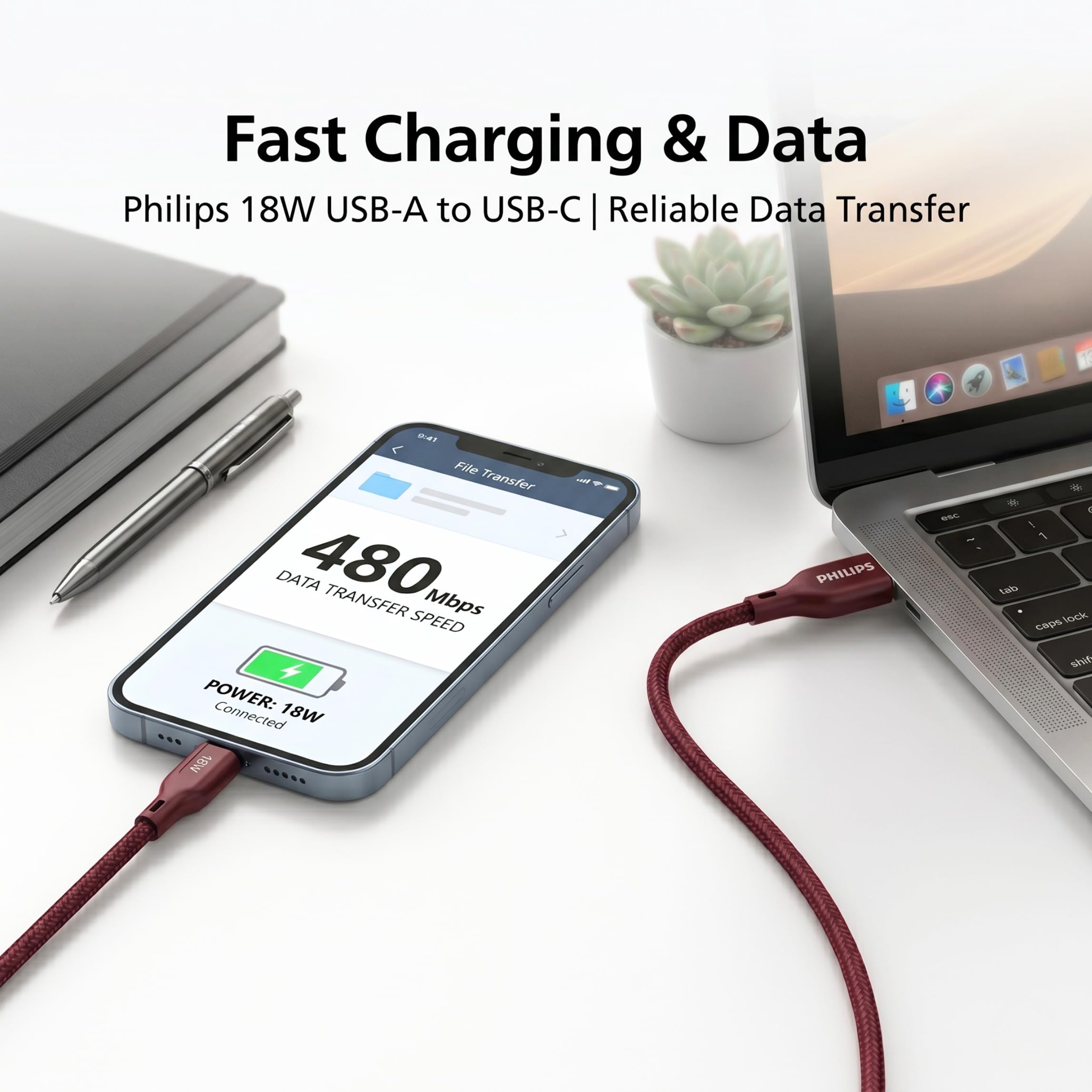 Philips 2m Fast Charging USB-C Cable - Iron Red -6