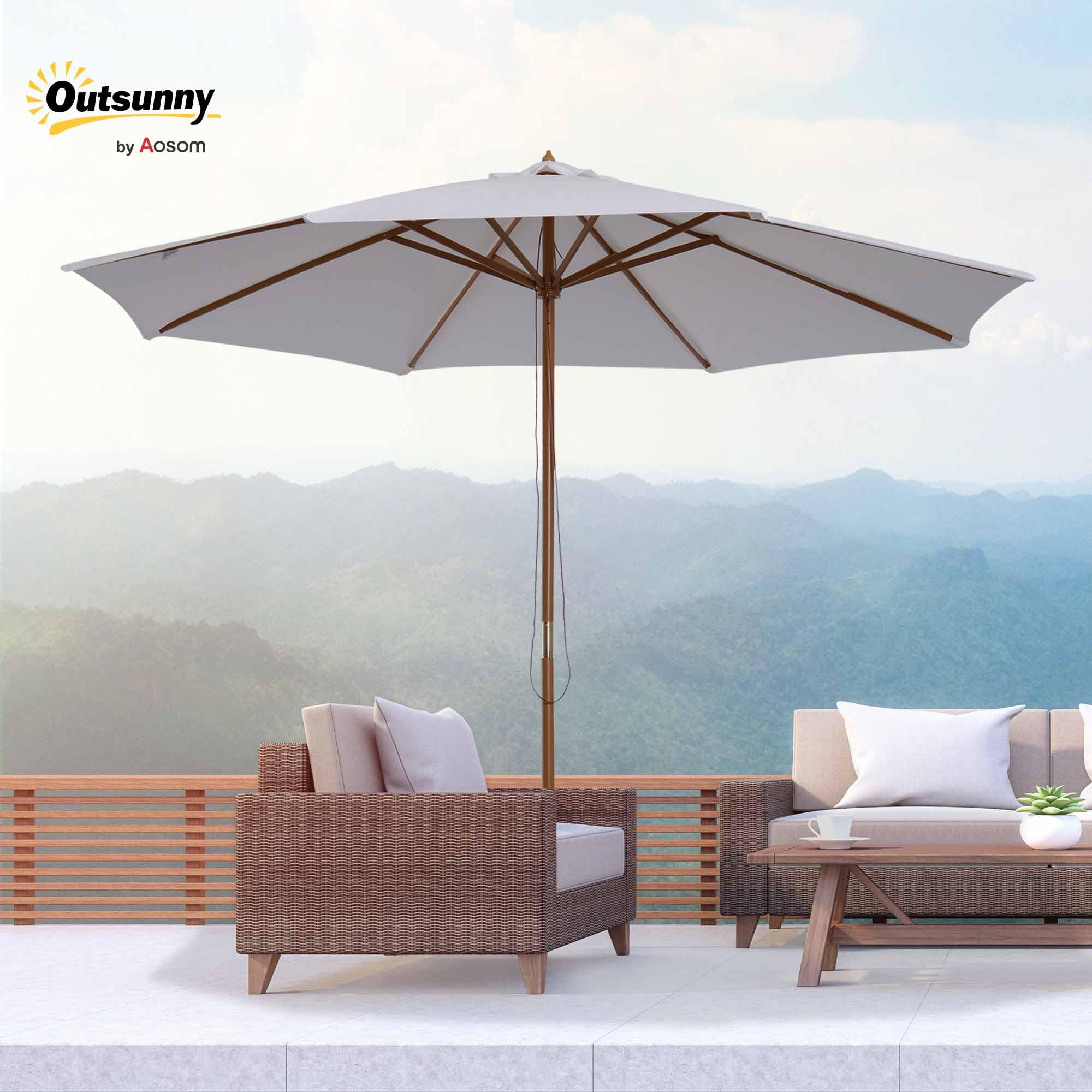 Outsunny Ombrellone da Giardino Ø3m con Corda e Apertura Regolabile, Ombrellone da Esterno con 8 Stecche in Legno, Bambù e Poliestere 180g/㎡, per Cortile, Terrazza e Balcone