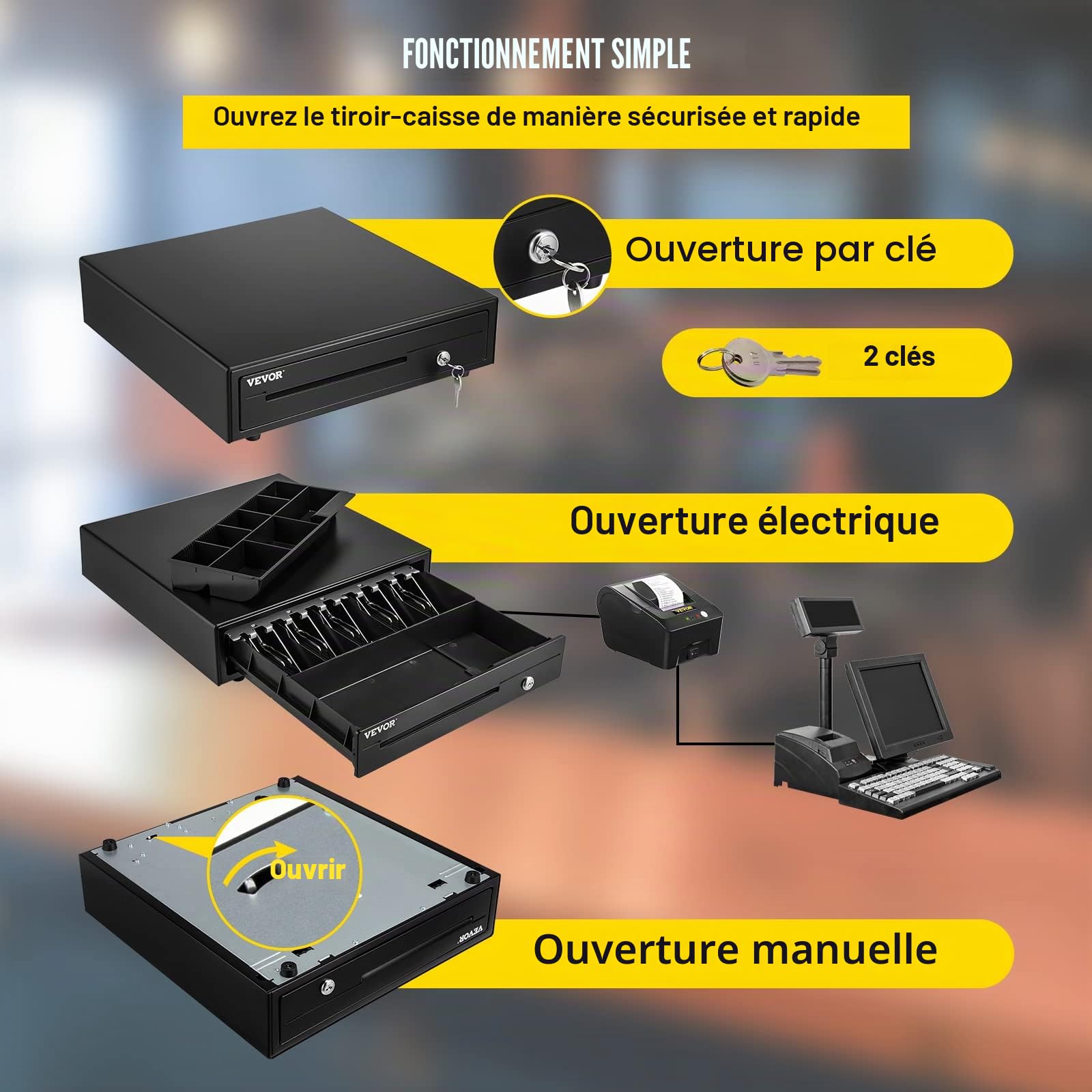 VEVOR Tiroir-Caisse Enregistreuse 41 cm Compartiments 5 Billets 8 Pièces RJ11/RJ12 POS Restaurant