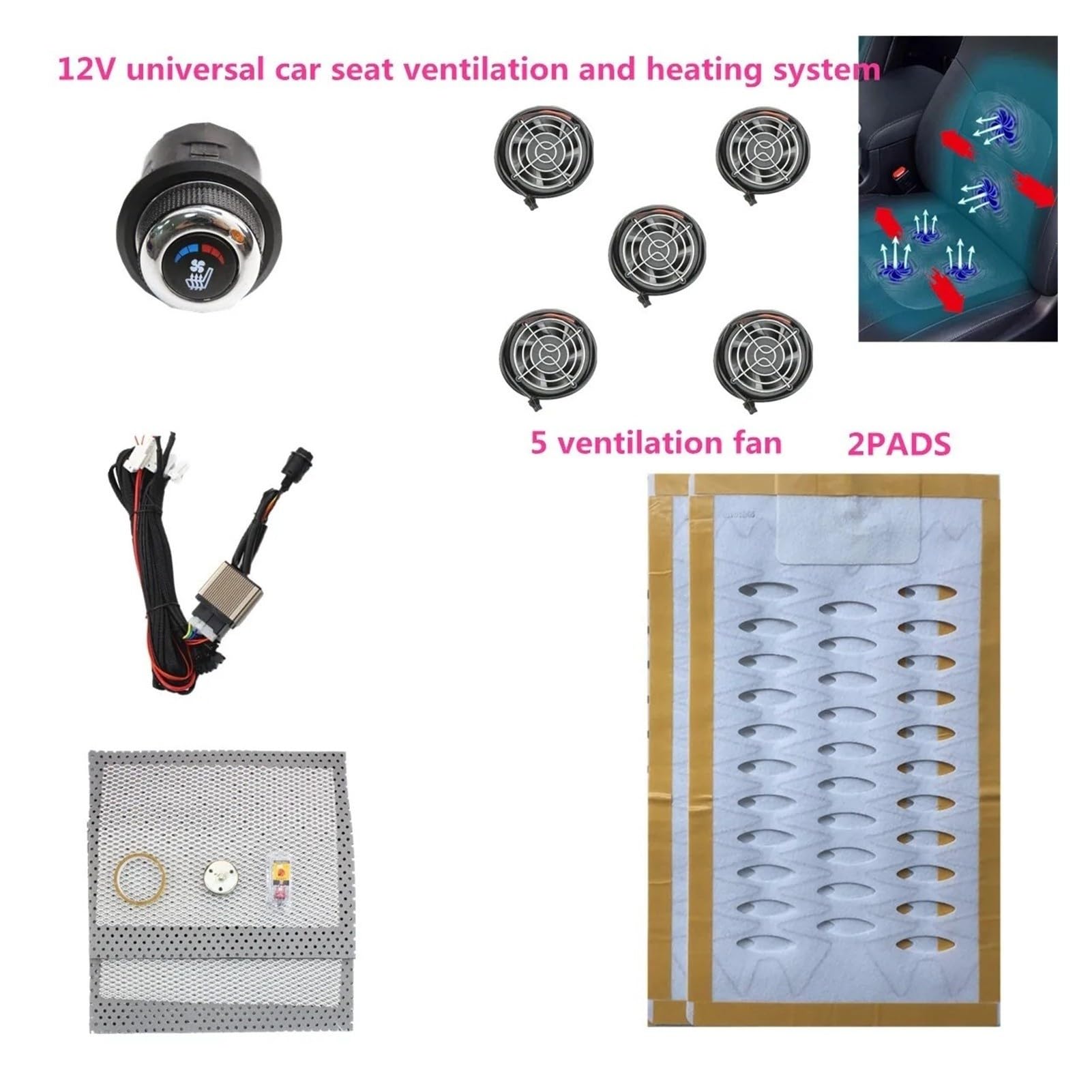 Almohadilla calefactora universal for asiento de coche 12 V con 5 ventiladores Asientos calefactables integrados kit interruptor giratorio 6 niveles