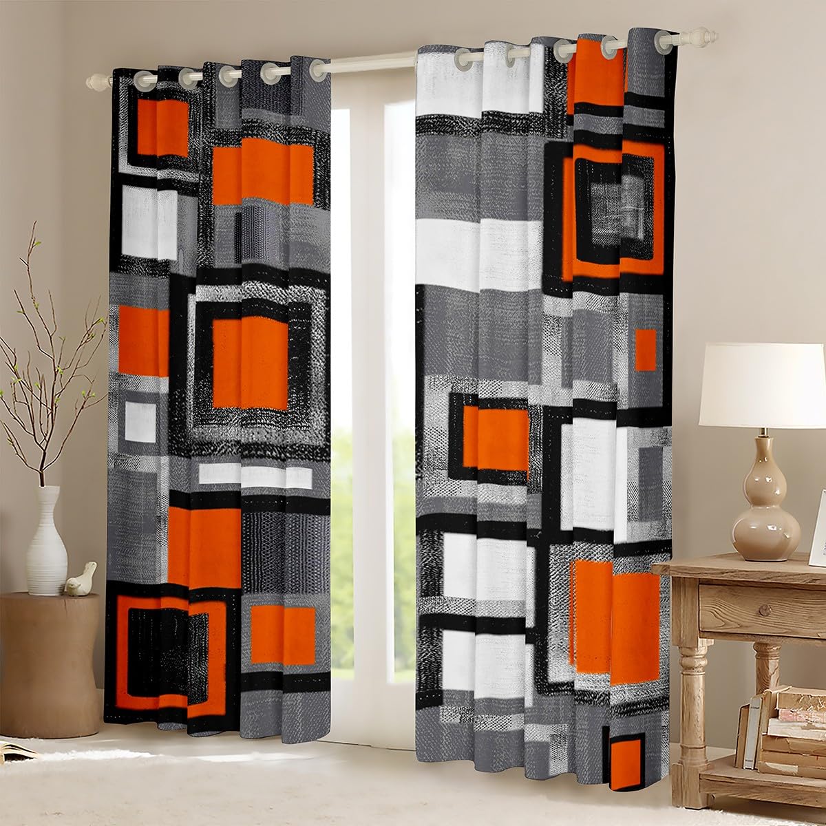 Geometric Curtains for Bedroom Living Room Kids Orange Grey Black Blackout Curtains(30%-50%) Buffalo Check Window Dreapes Modern Abstract Art Window Treatments W66*L72 - Image 2