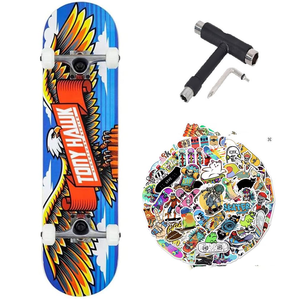 Skateboard complet Tony Hawk professionnel série débutant 8.0" avec outil polyvalent + 50 autocollants