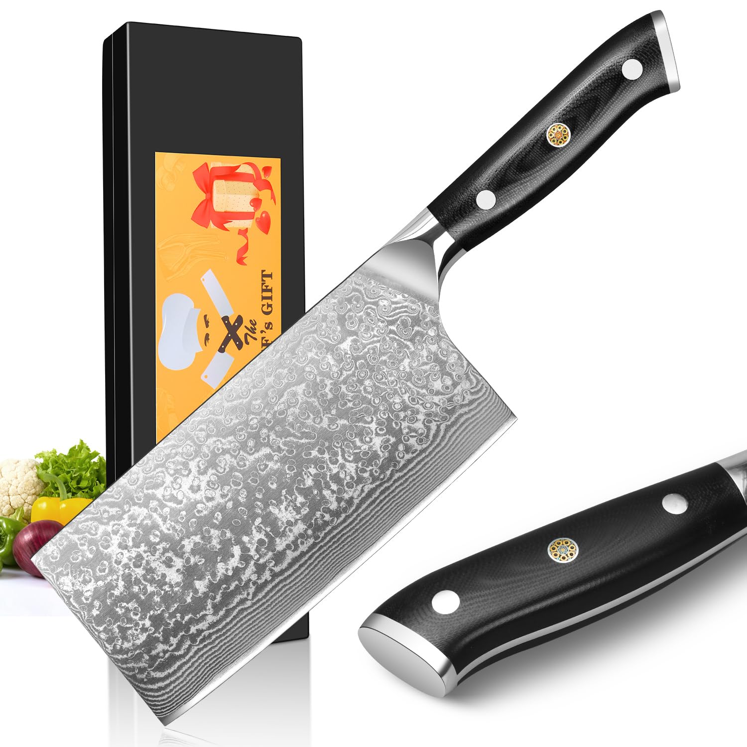 Home Safety Coltello Damasco Coltello da Carne - Mannaia Cinese Damasco 17,5 cm Lama in 67 Strati di Acciaio Damasco con Manico in G10 - Affilato e Bilanciato