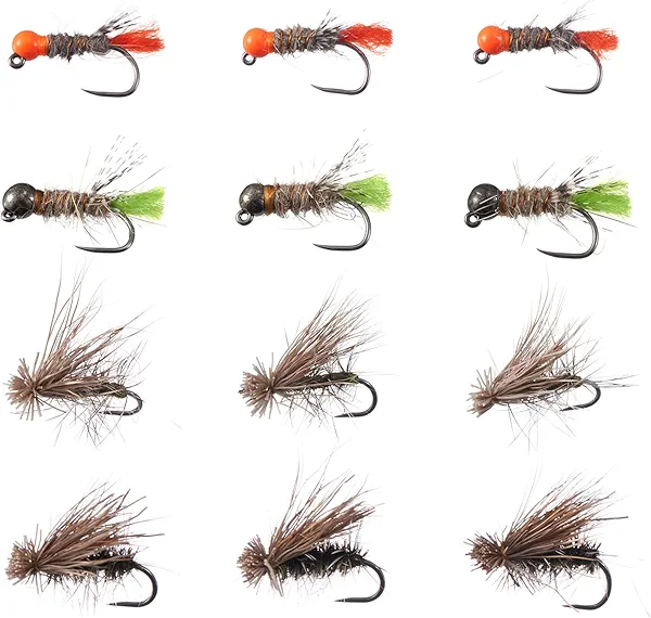 BASSDASH Trout Fly Fishing Flies Tenkara Wet Dry Flies Nymphs Sakasa Kebari 12pcs Assortment Barbless Barbed Hooks