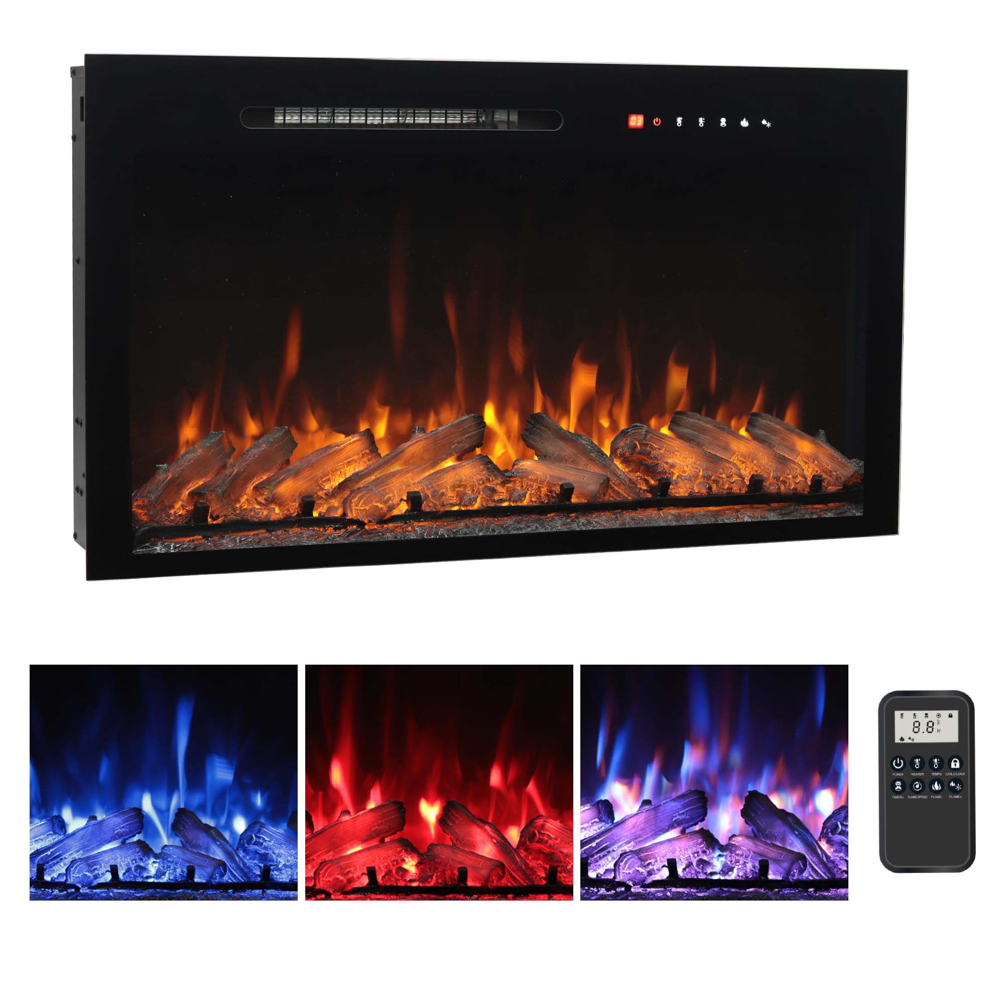 Oxhark Flame 36 in Wall Mounted & Recessed Electric Fireplace Inserts, Electric Fireplace Heater with Remote Control, 6 Levels Brightness, 9H Timer, Black, 1500W/750W
