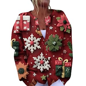 Womens Ugly Christmas Sweater Long Sleeve Open Front New Years Holiday Reindeer Sweater Cardigan
